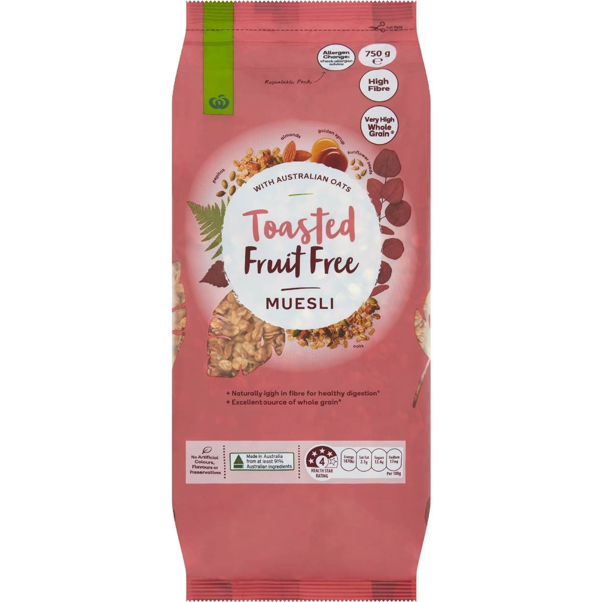 Calories in Woolworths Fruit Free Toasted Muesli calcount