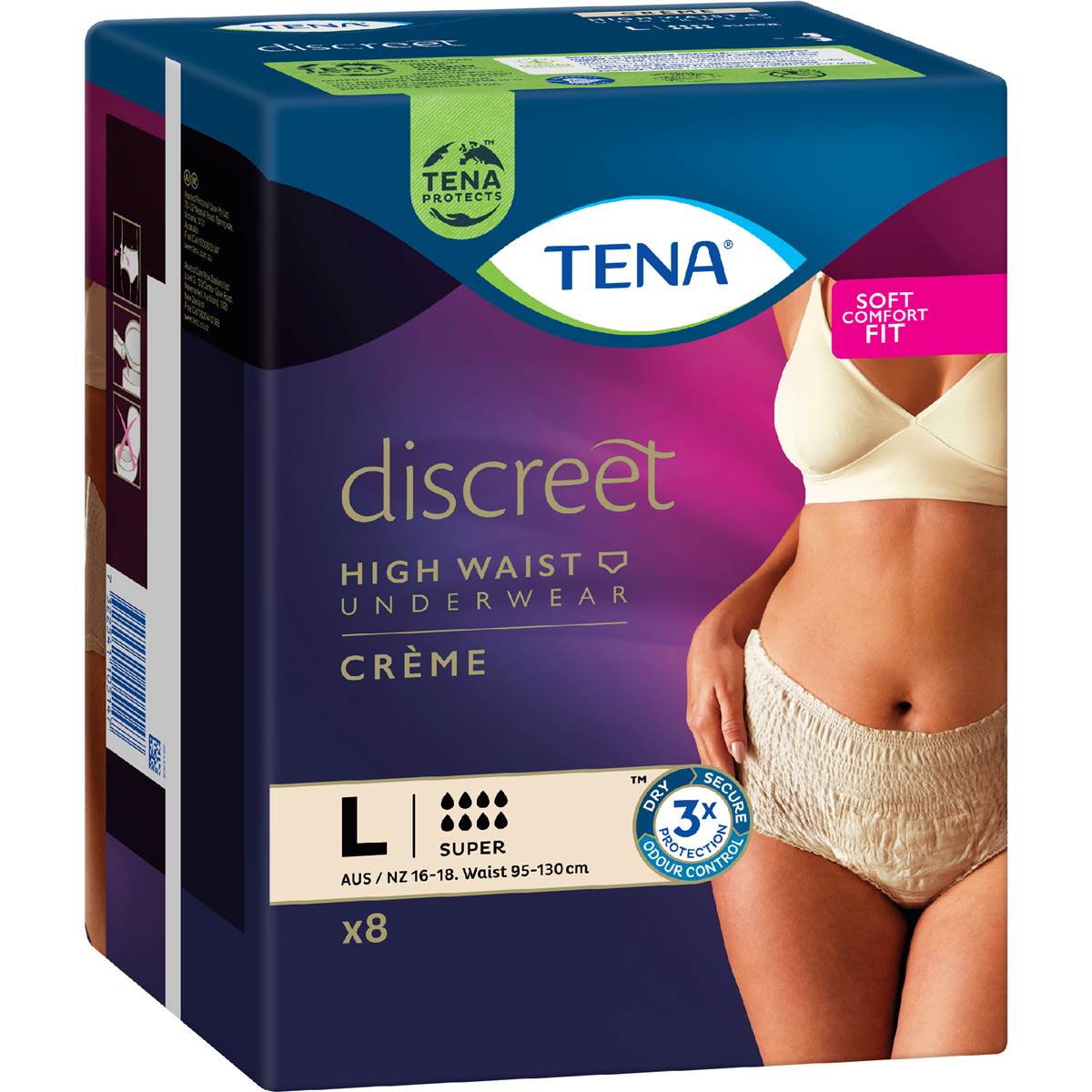 TENA Incontinence Pants Discreet Women High Waist Creme Size L 8 pack