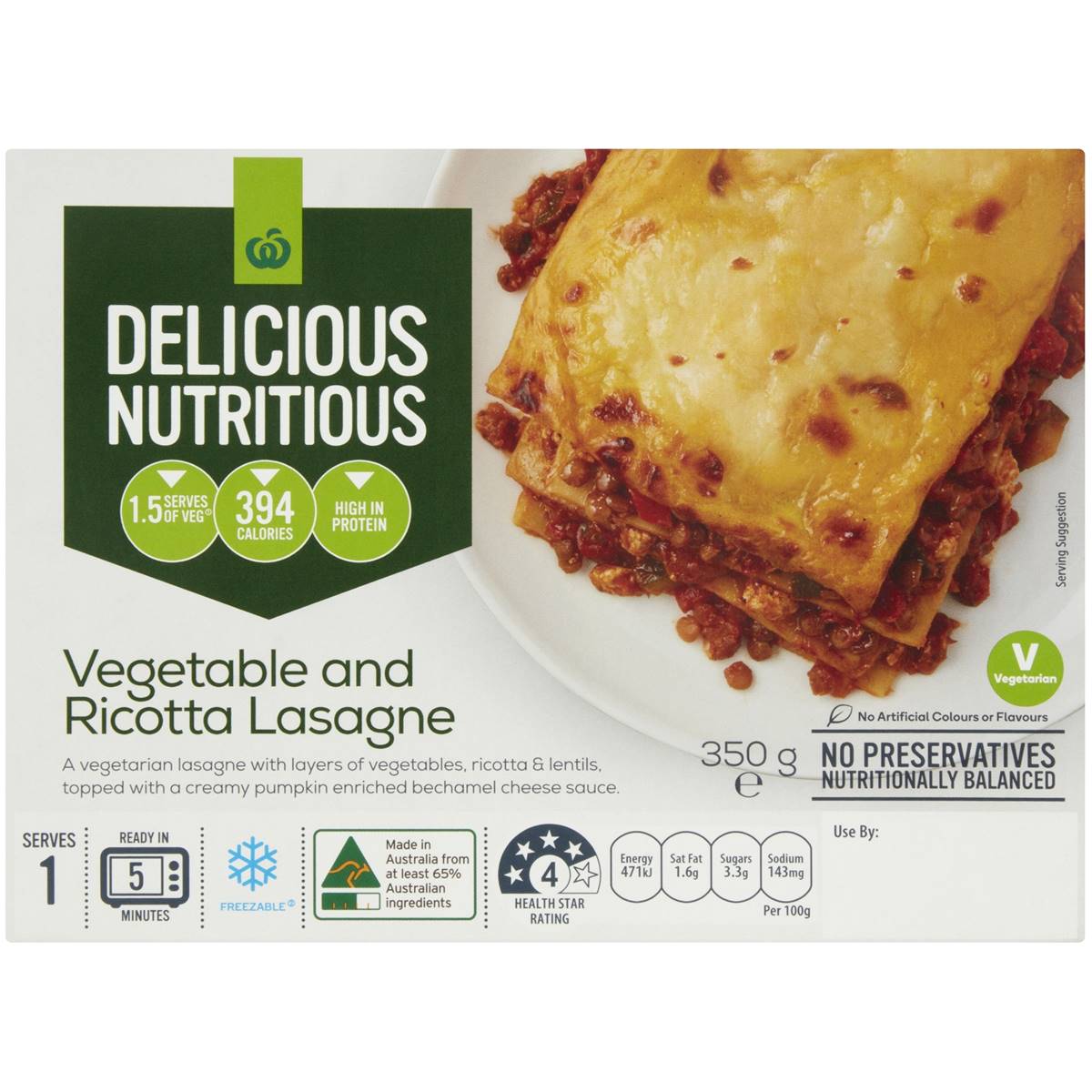 Calories in Woolworths Vegetable & Ricotta Lasagne calcount