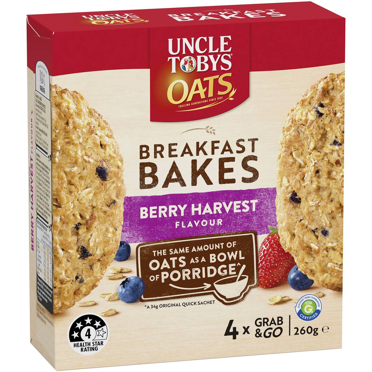 Calories in Uncle Tobys Oats Breakfast Bakes Cereal Bar Berry Harvest