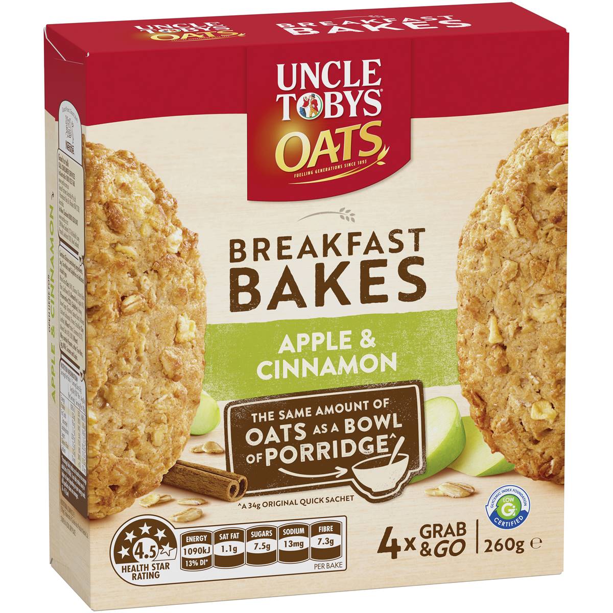 Calories in Uncle Tobys Oats Breakfast Bakes Cereal Bar Apple & Cinnamon