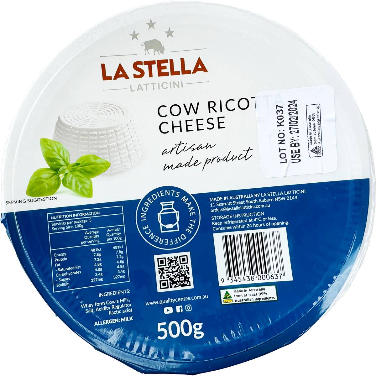 Calories in La Stella Ricotta Cheese Calorie Counter Australia