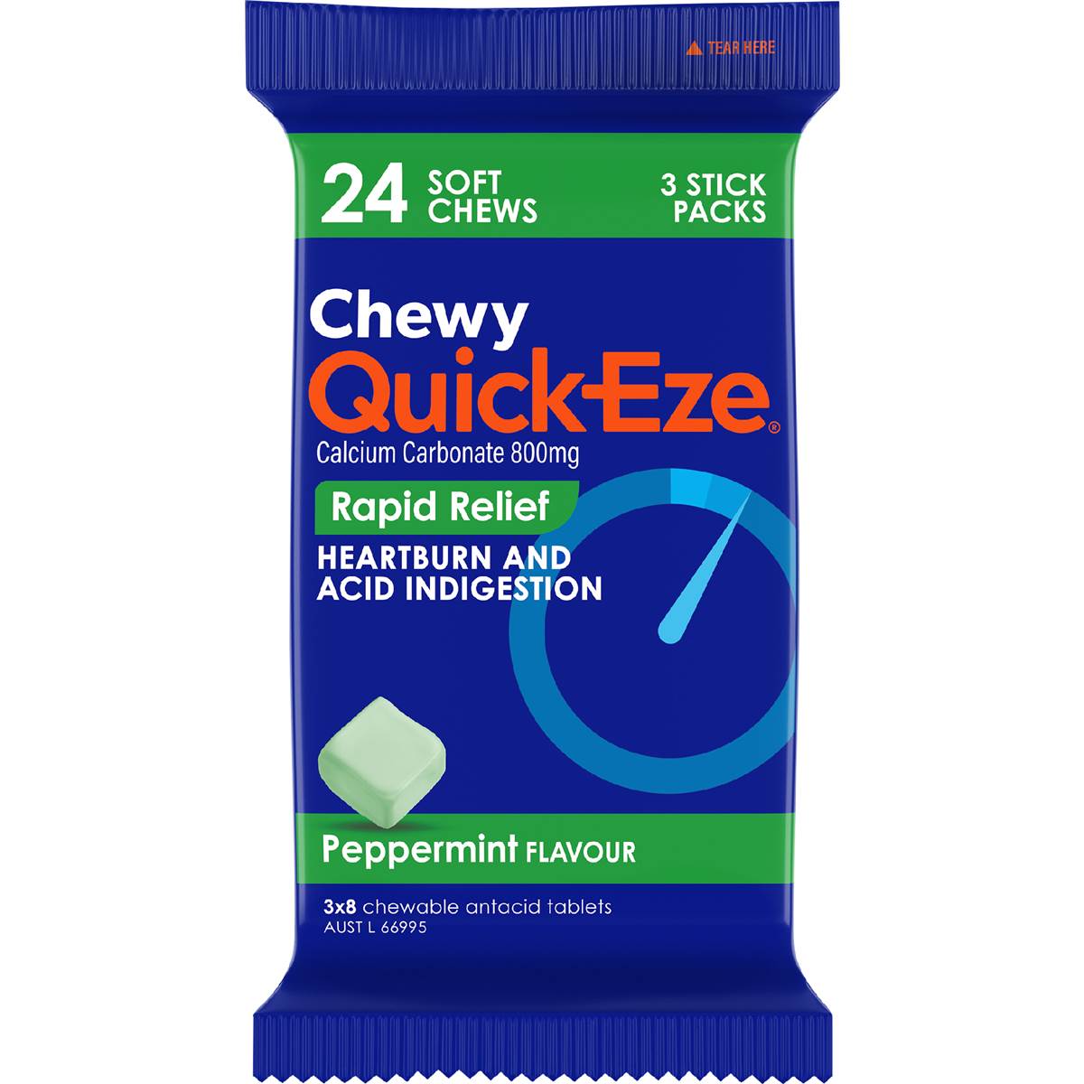 Calories in Quickeze Heartburn & Indigestion Relief Chewy Peppermint