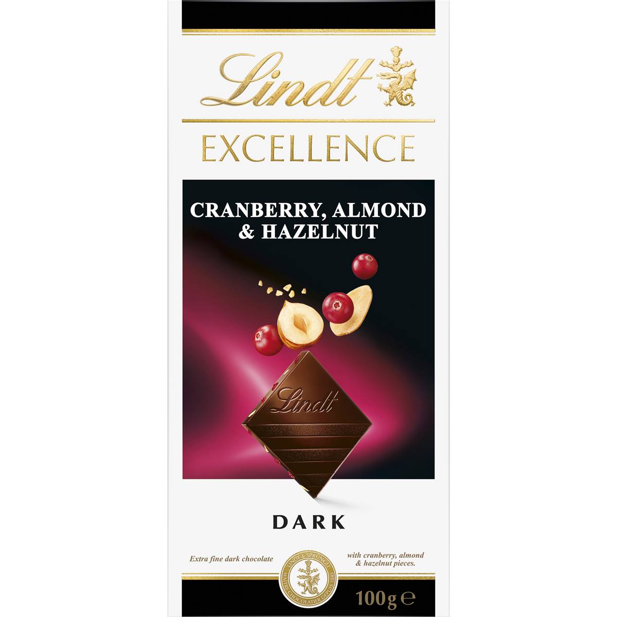 Calories in Lindt Excellence Cranberry, Almond & Hazelnut Dark Chocolate Block