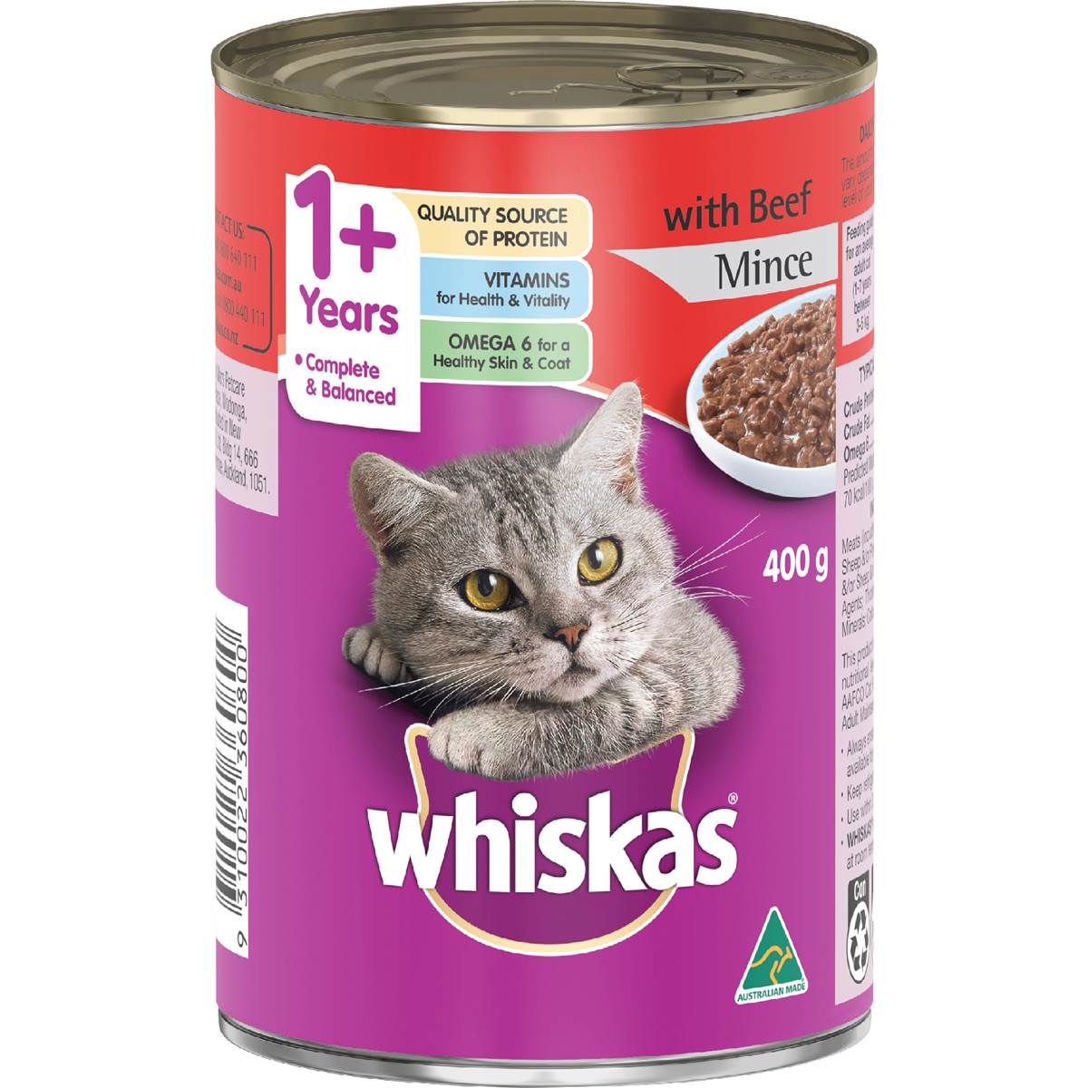 Whiskas Adult 1+ Years Wet Cat Food with Beef Mince Can 400g