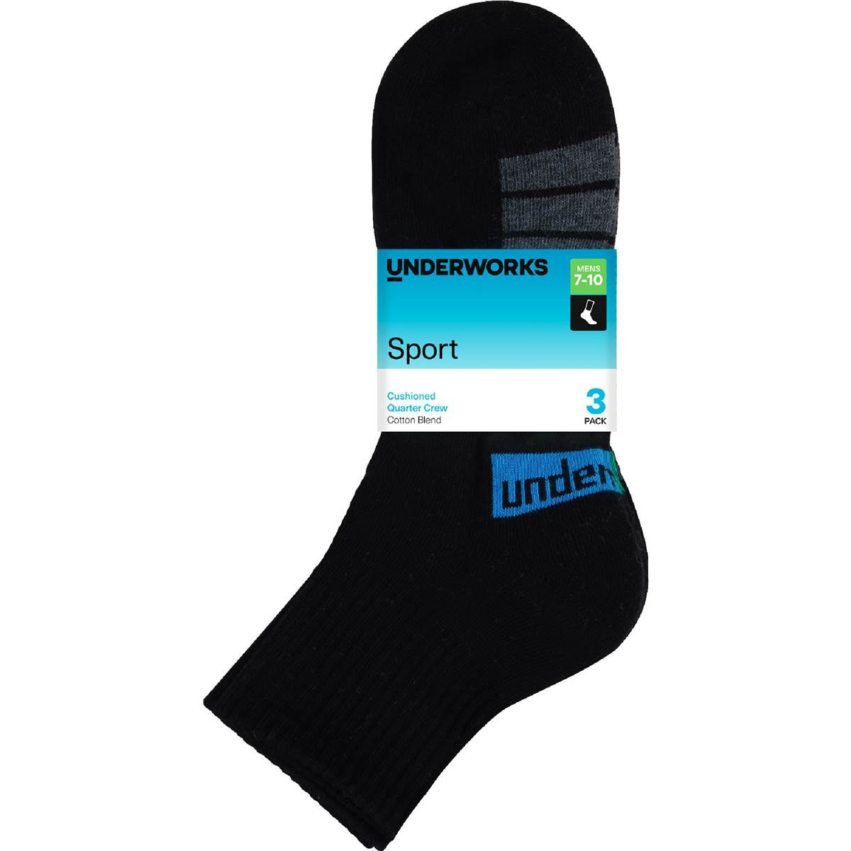 Underworks Mens Sport Quarter Crew Black 7 To 10