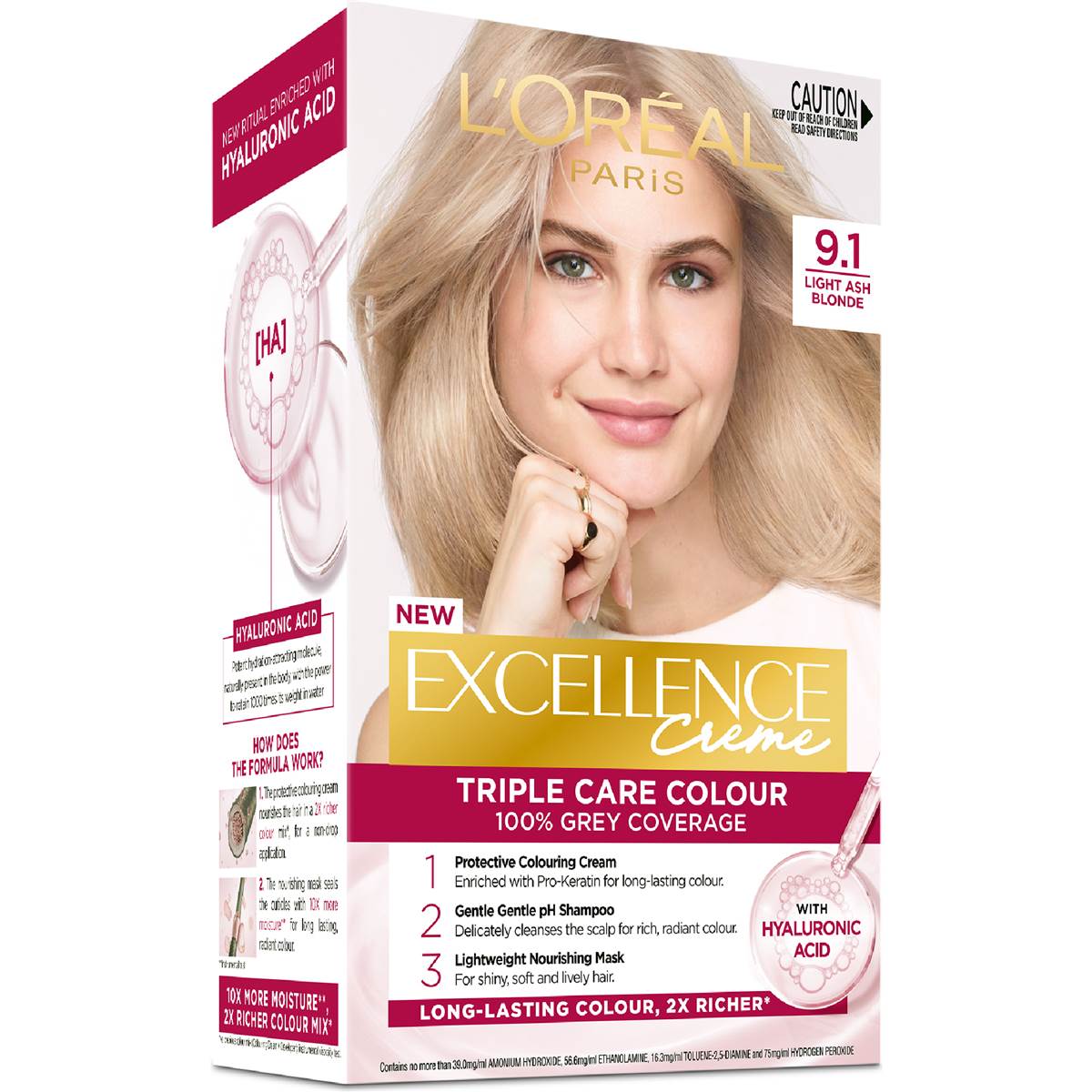 L'Oreal Paris Excellence Creme Hair Colour 9.1 Light Ash Blonde each