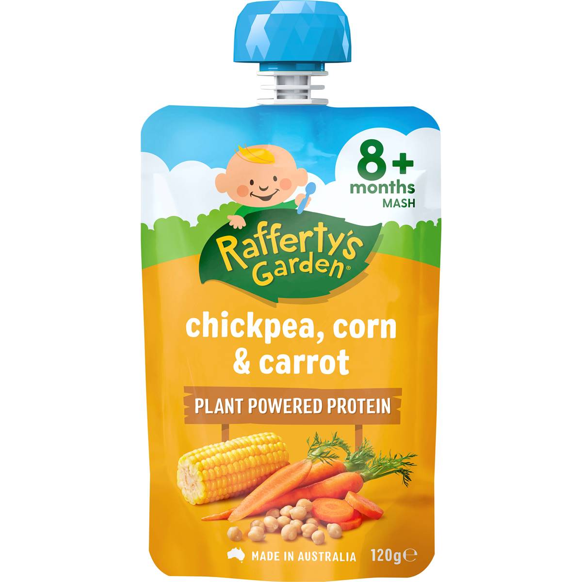 Calories in Rafferty's Garden Baby Food Pouch Chickpea, Corn & Carrot Protein 8+ Months
