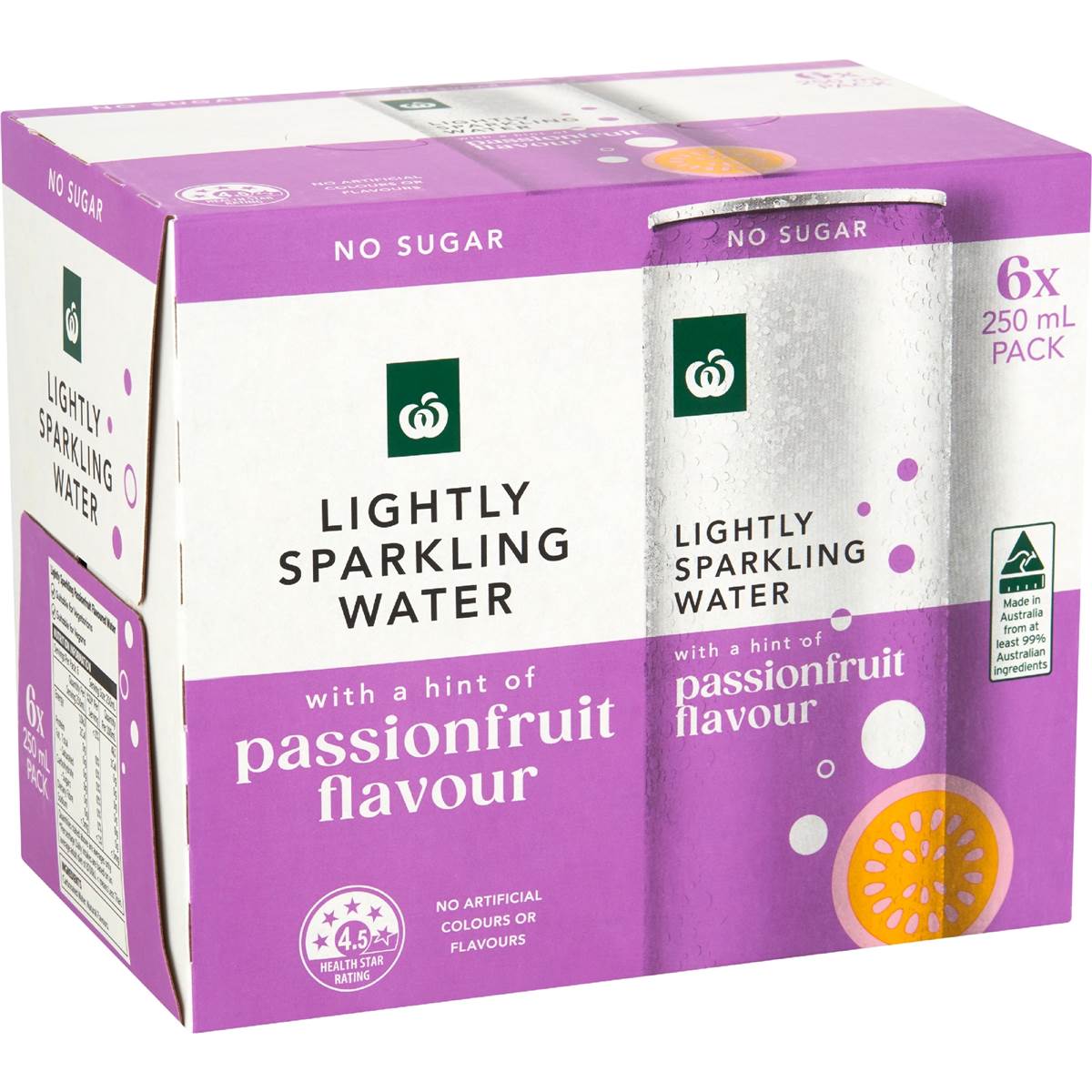 Woolworths Lightly Sparkling Water Cans Passionfruit