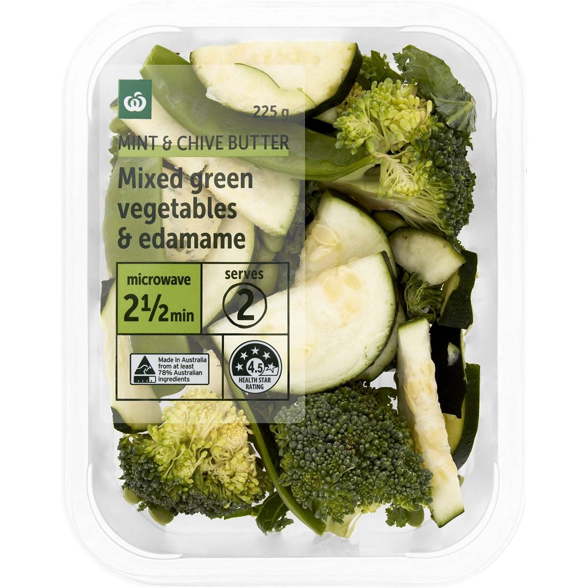 Woolworths Mixed Green Vegetables & Edamame With Mint Chive Butter 225g
