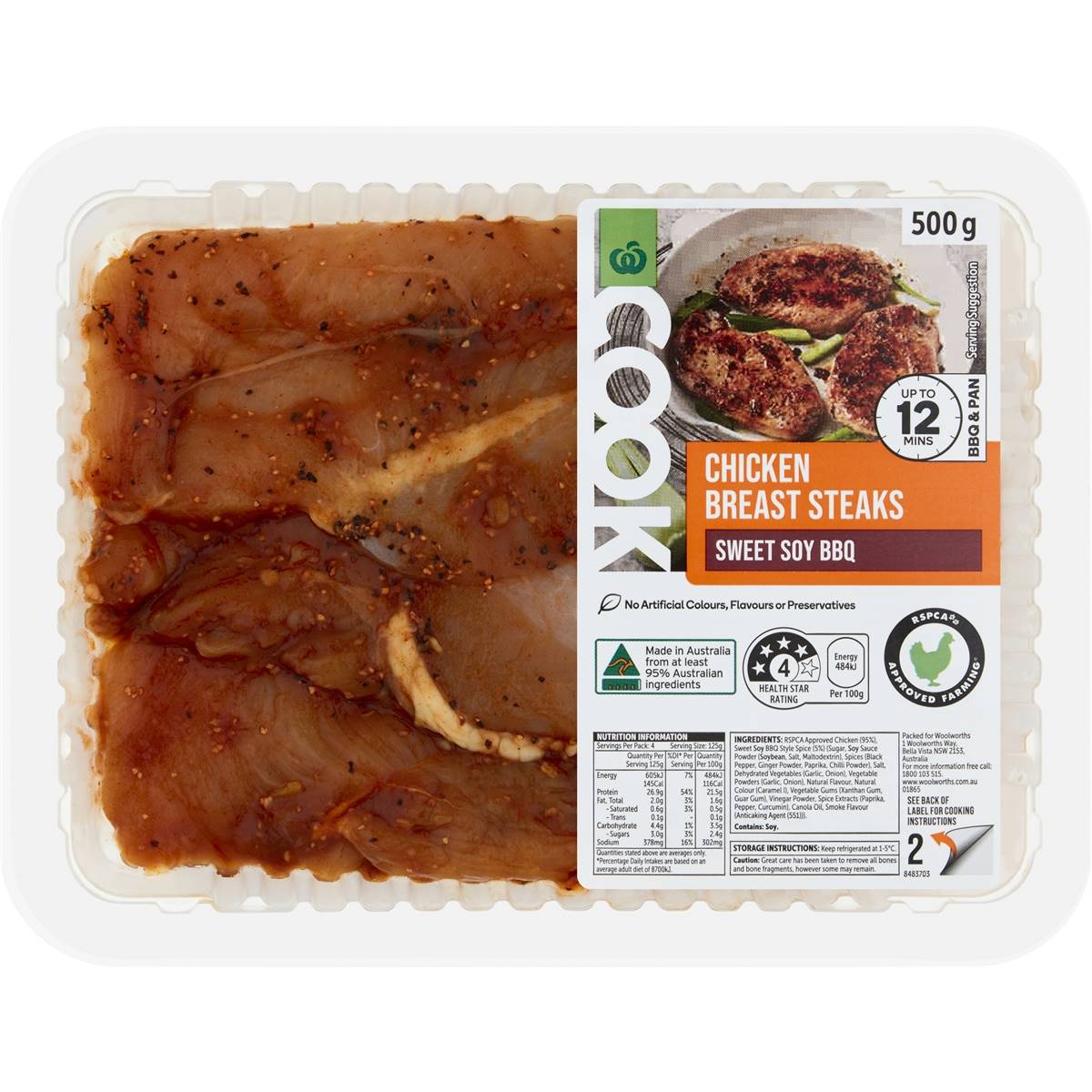 Calories in Woolworths Cook Chicken Breast Steaks Sweet Soy Bbq