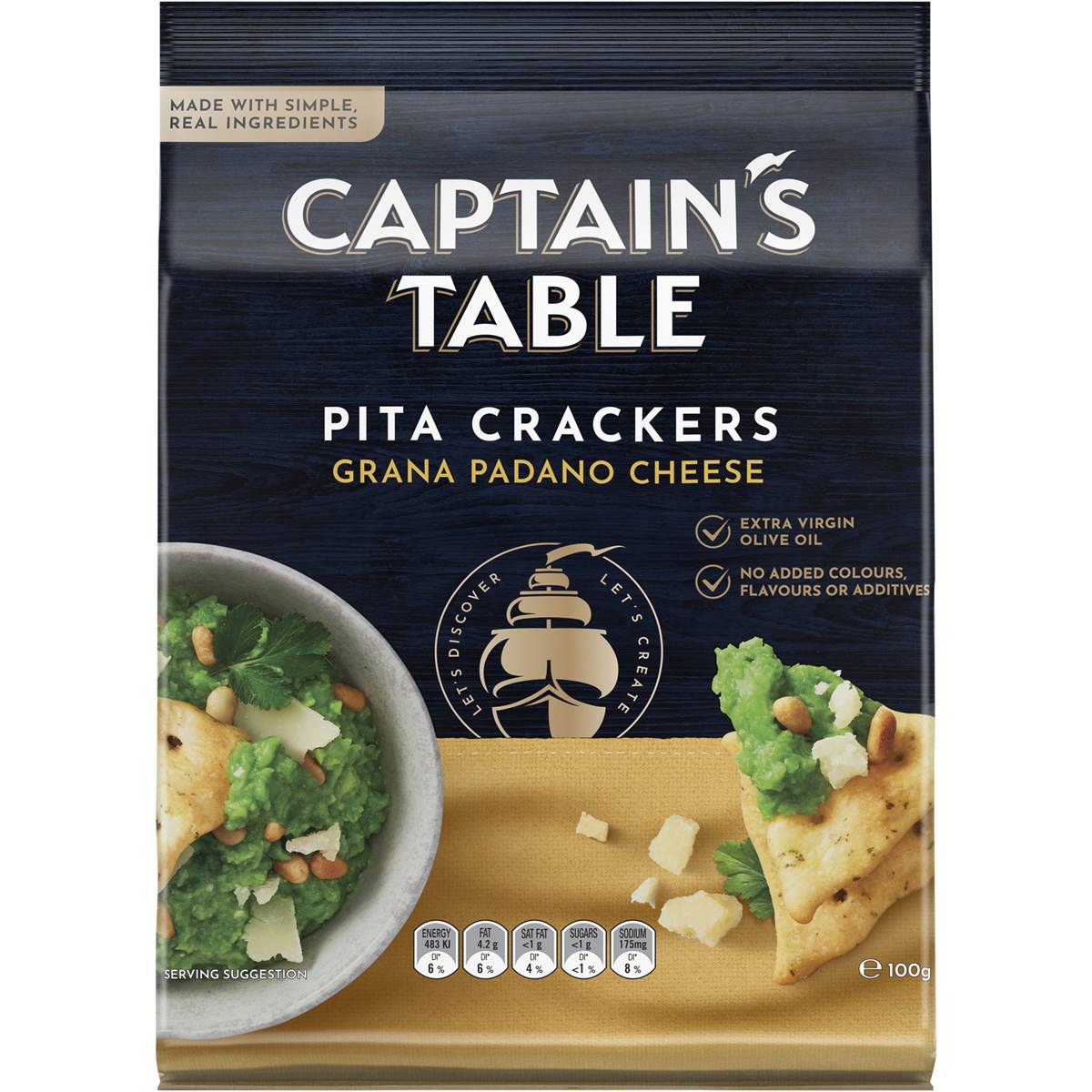 Calories in Captain's Table Pita Crackers Grana Padano Cheese