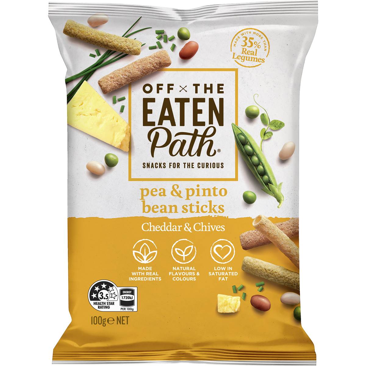 Calories in Off The Eaten Path Vegetable Chips Pea & Pinto Bean Sticks Cheddar & Chives