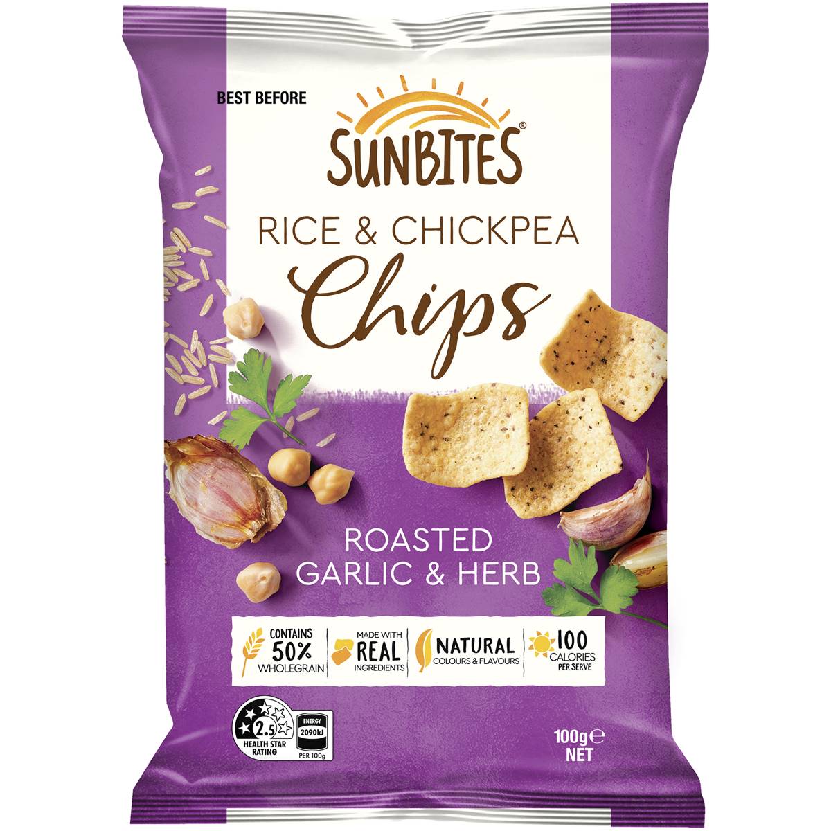 Calories in Sunbites Rice & Chickpea Chips Roasted Garlic & Herb calcount