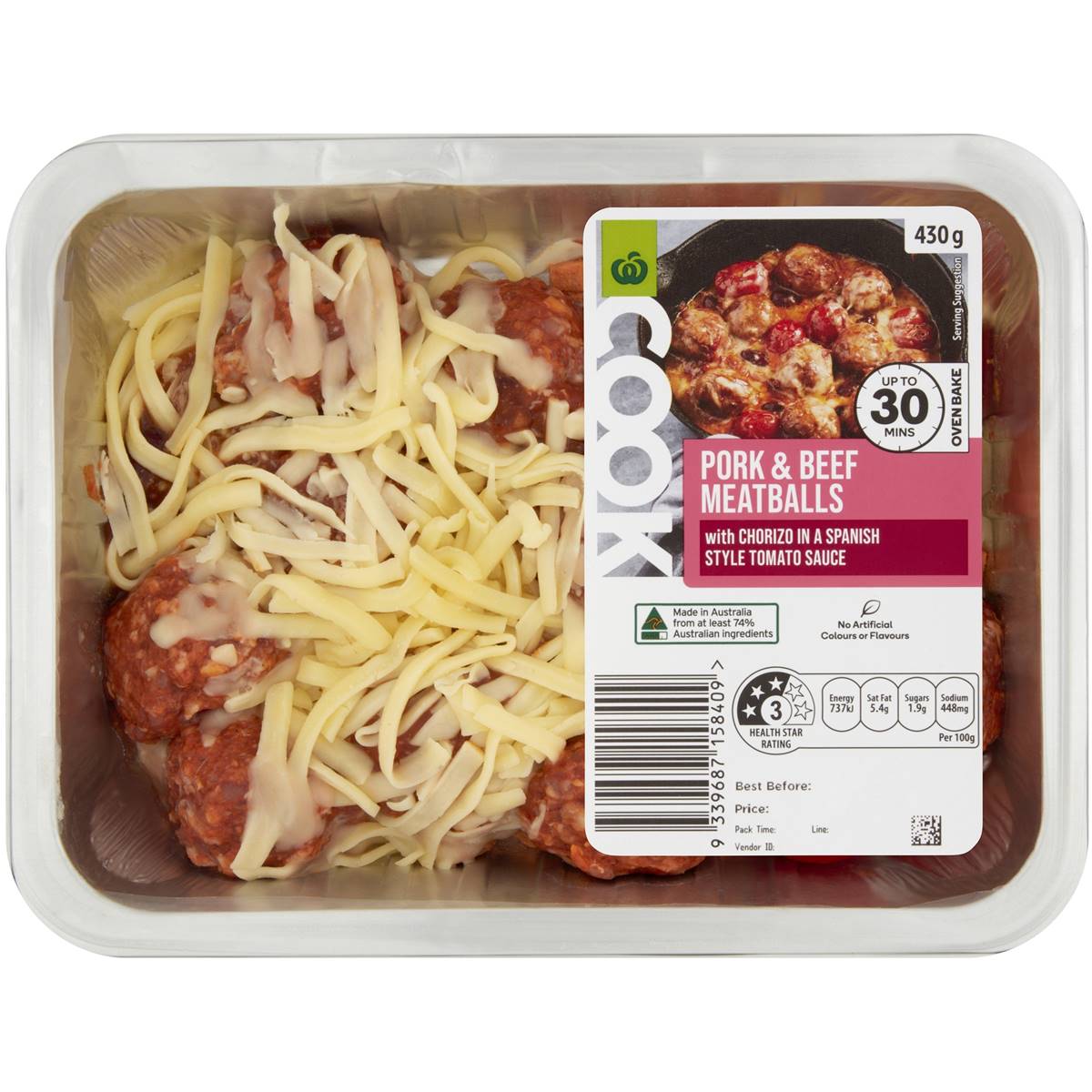 Calories in Woolworths Cook Pork & Beef Meatballs Chorizo Spanish Style Sauce