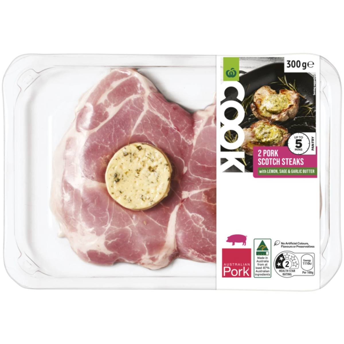Calories in Woolworths Cook Pork Scotch Steaks With Lemon Sage & Garlic Butter