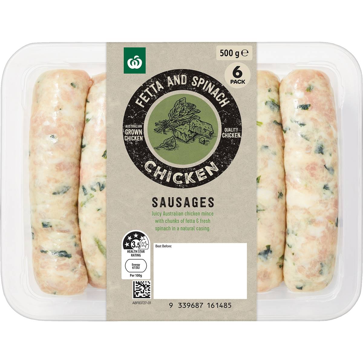 Woolworths Fetta & Spinach Chicken Sausages 500g