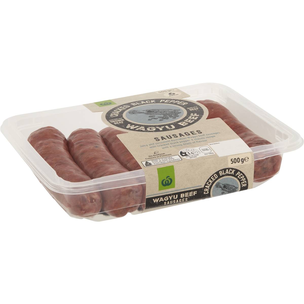 Calories in Woolworths Cracked Black Pepper & Wagyu Beef Sausages calcount