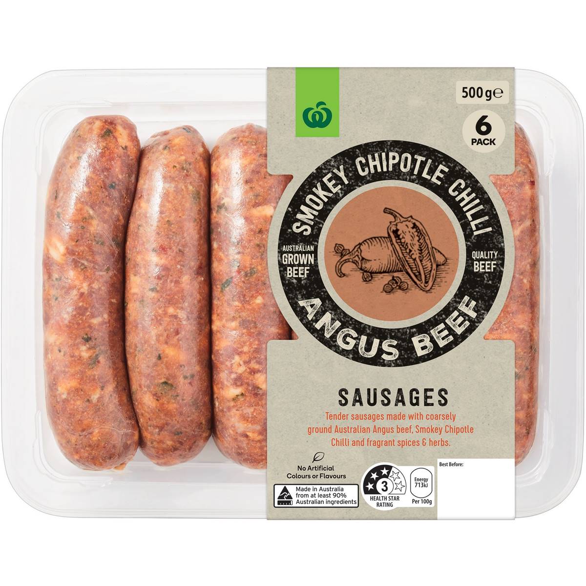 Calories in Woolworths Smokey Chipotle Chilli Angus Beef Sausages