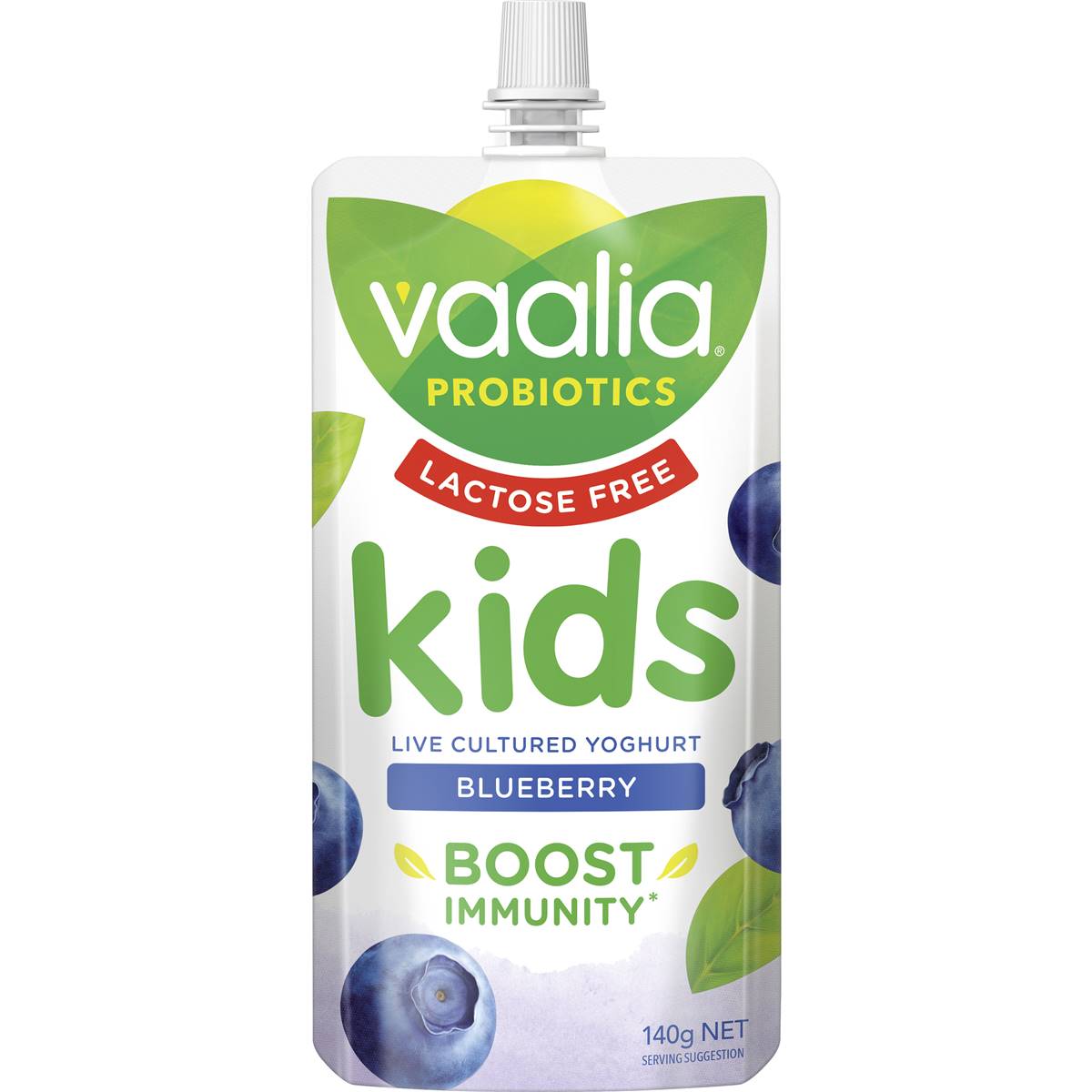 Calories in Vaalia Kids Probiotic Yoghurt Pouch Lactose Free Blueberry