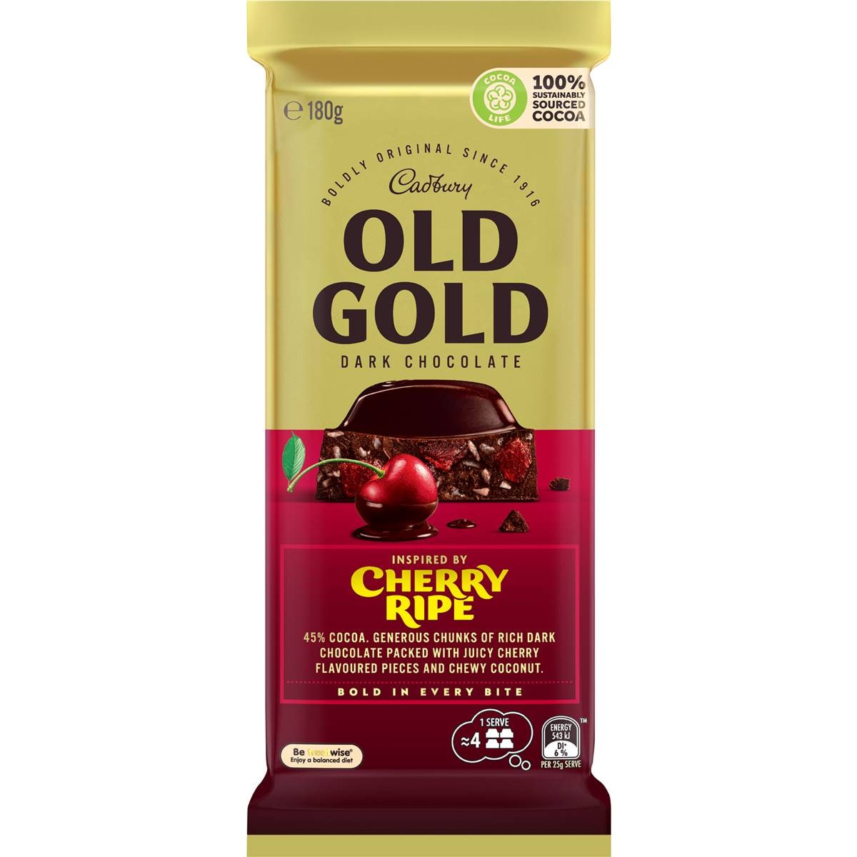 Calories in Cadbury Old Gold Dark Chocolate Cherry Ripe Block calcount