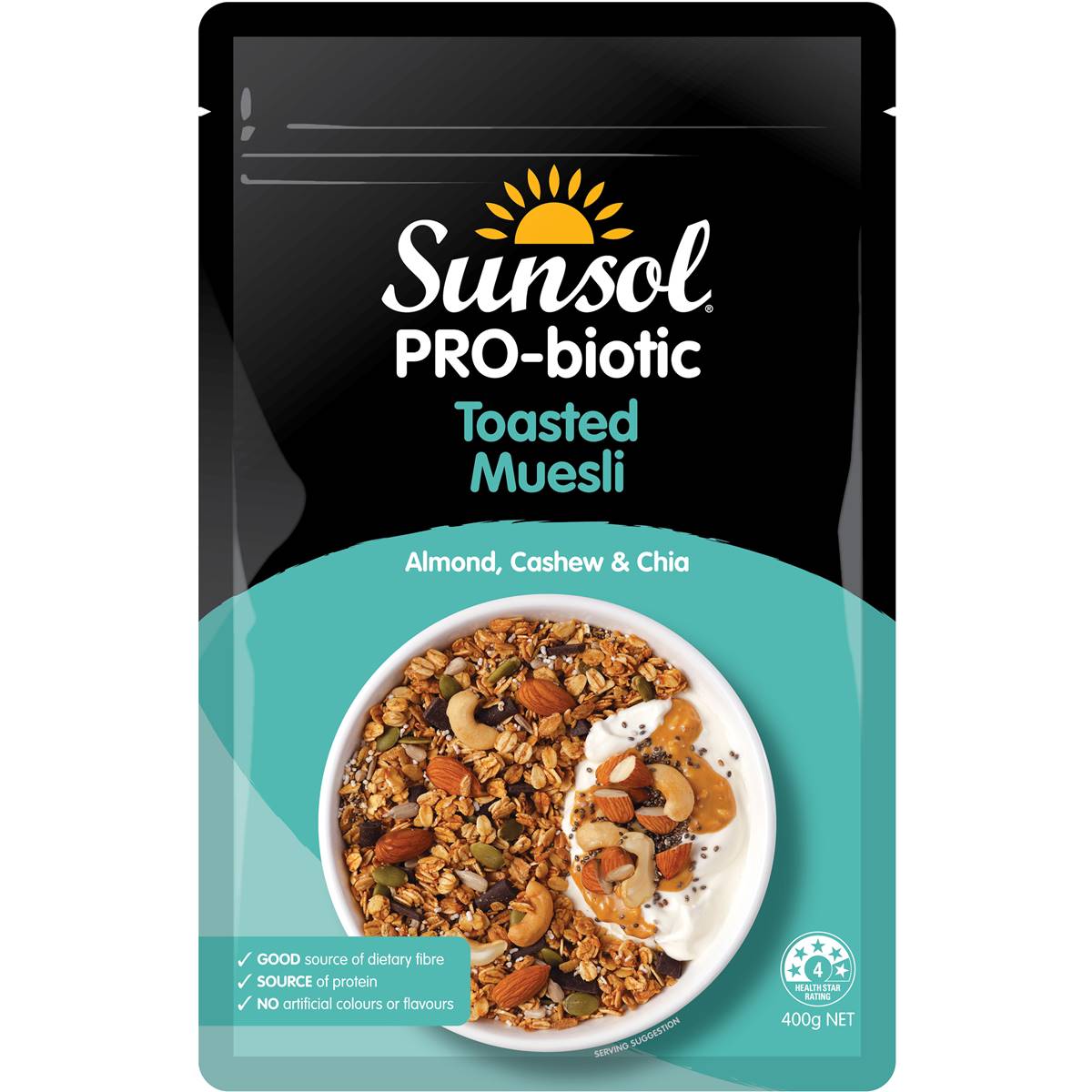 Calories in Sunsol Pro-biotic Almond Cashew & Chia Toasted Muesli