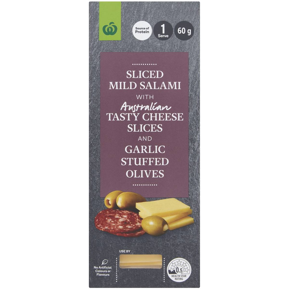 Calories in Woolworths Sliced Mild Salami With Tasty Cheese, Garlic Stuffed Olives