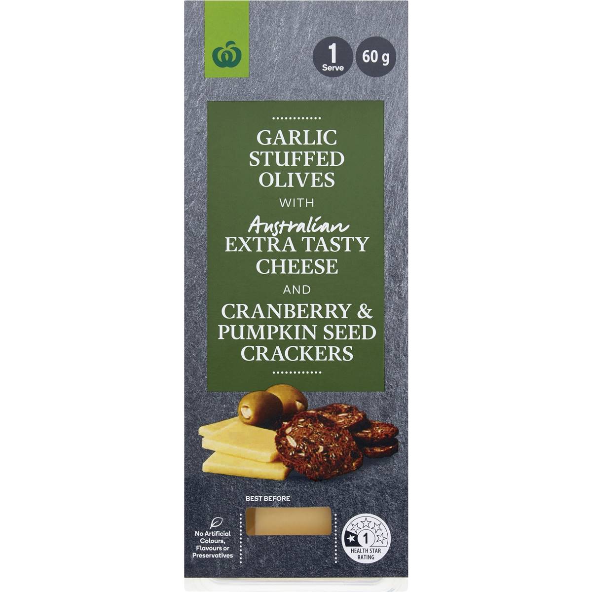 Calories in Woolworths Extra Tasty Cheese, Garlic Olives & Artisan Crackers