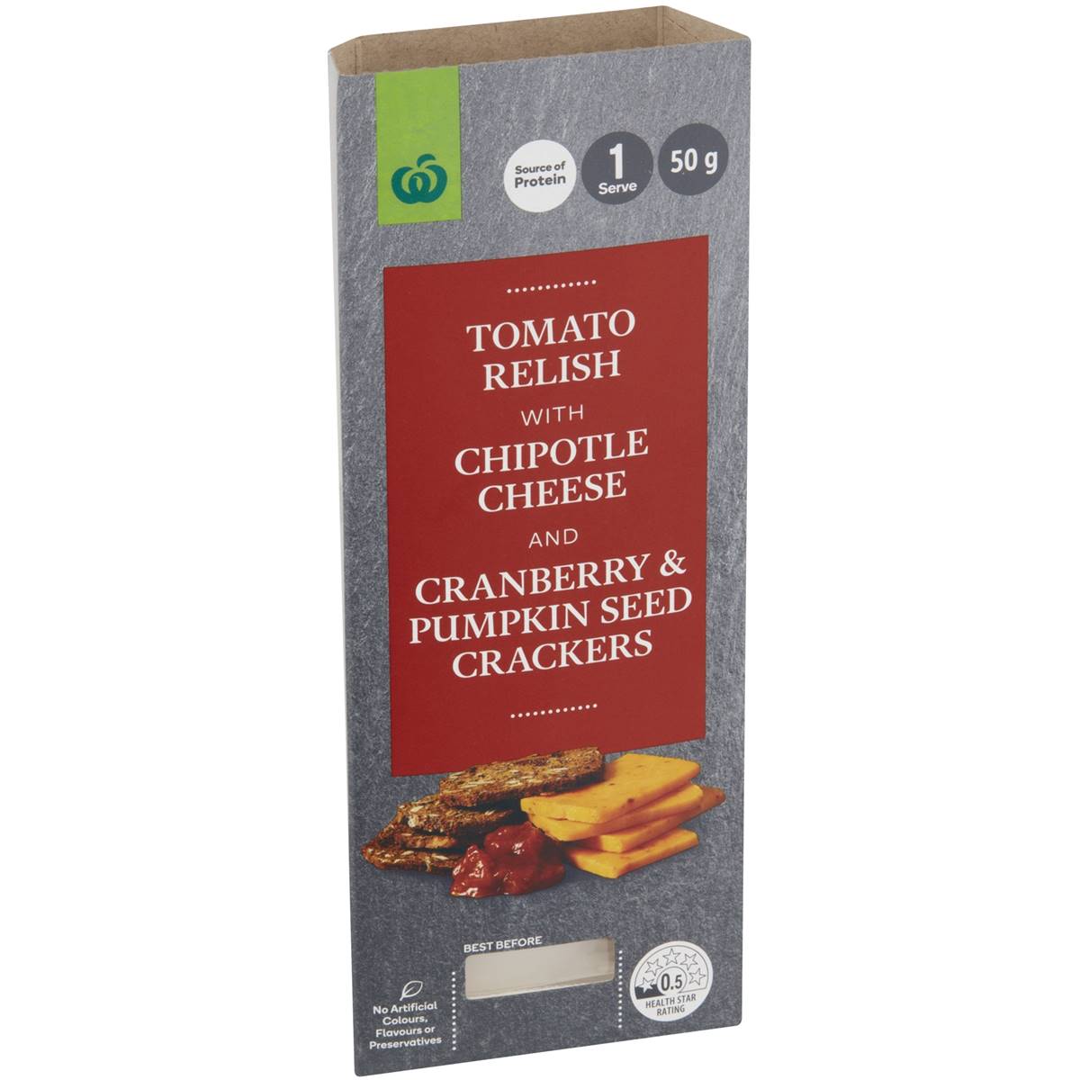 Calories in Woolworths Chipotle Cheese, Tomato Relish & Artisan Crackers