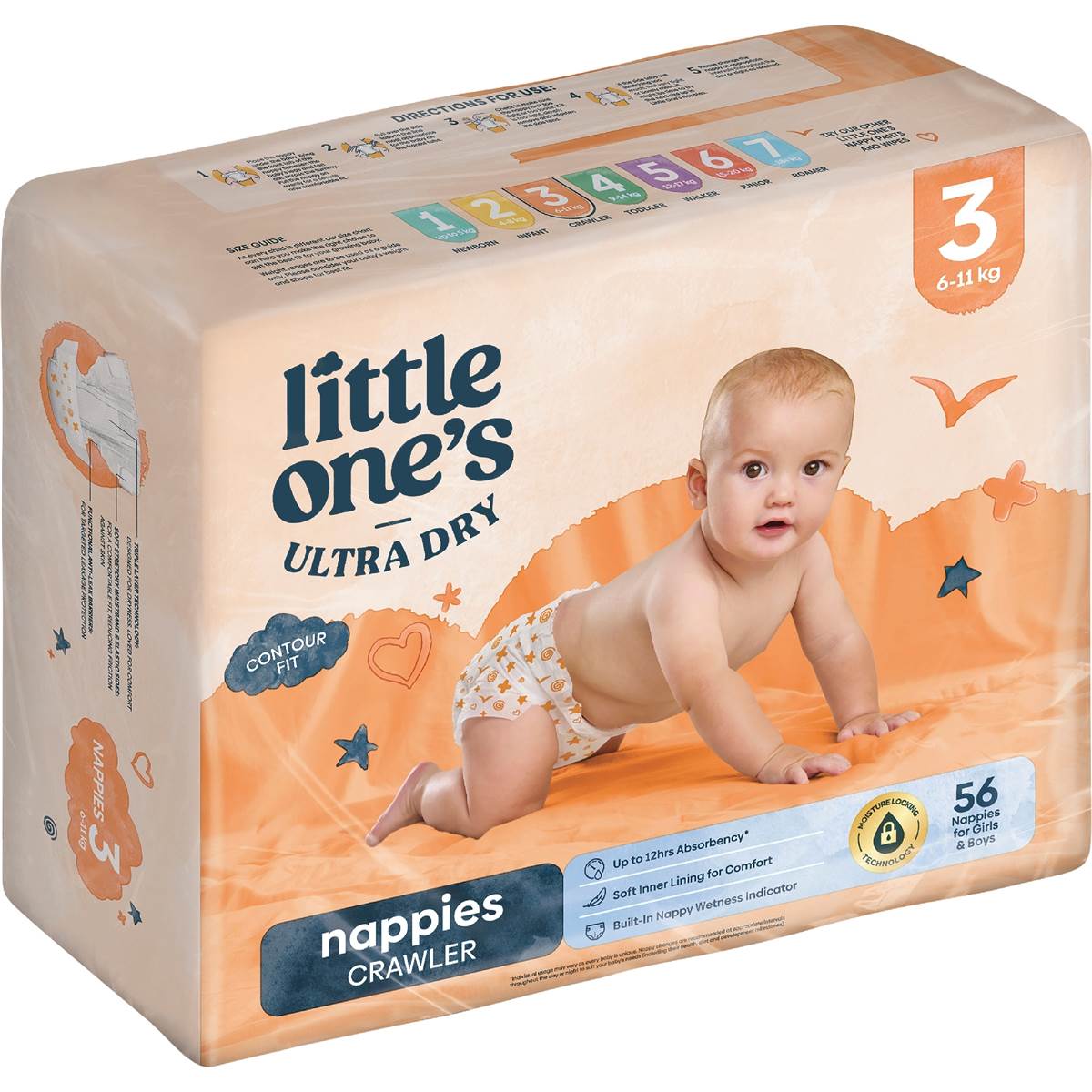 Little One's Size 3 Ultra Dry Nappies Crawler 6-11Kg Boys & Girls 56 pack