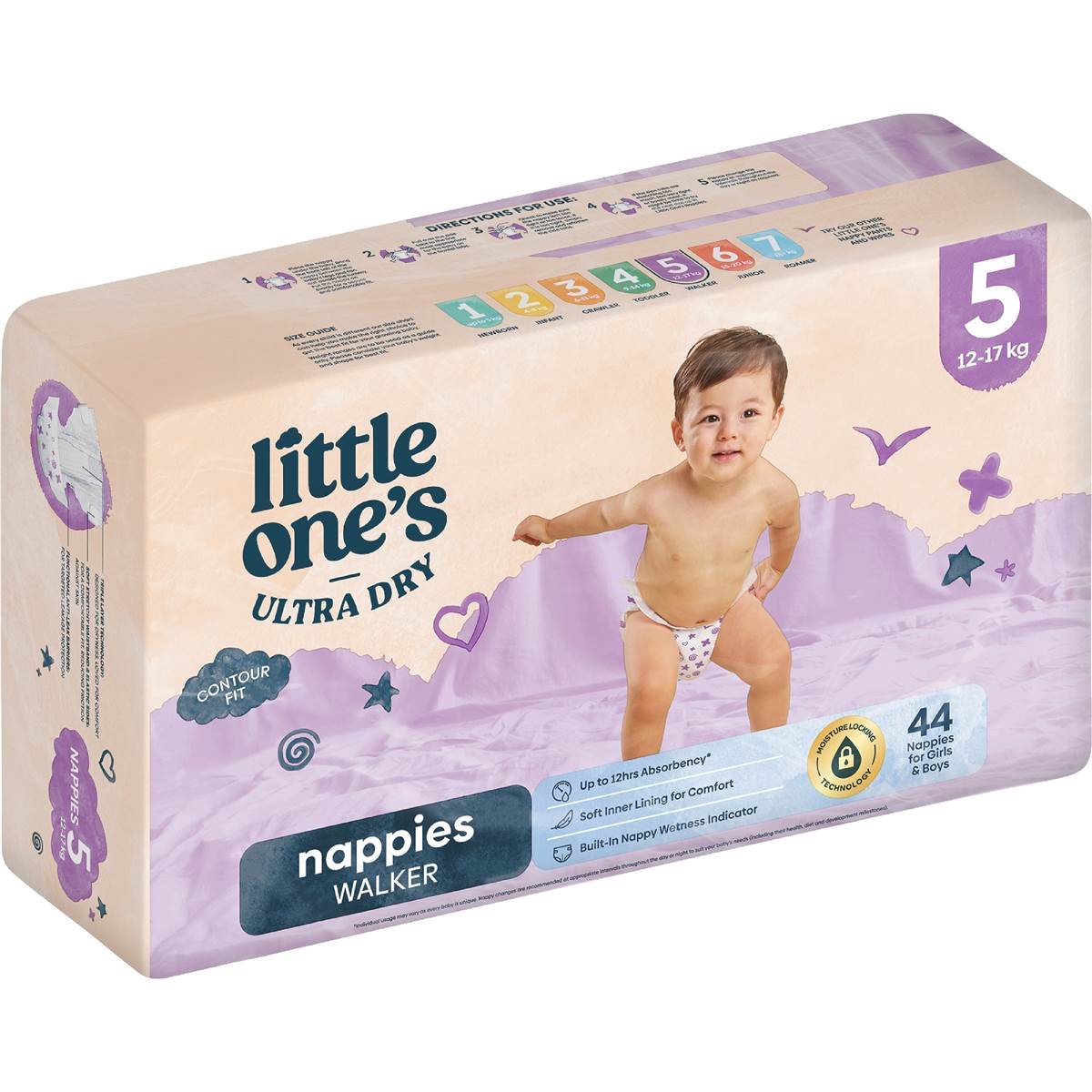Little One's Size 5 Ultra Dry Nappies Walker 12-17kg Boys & Girls 44 pack
