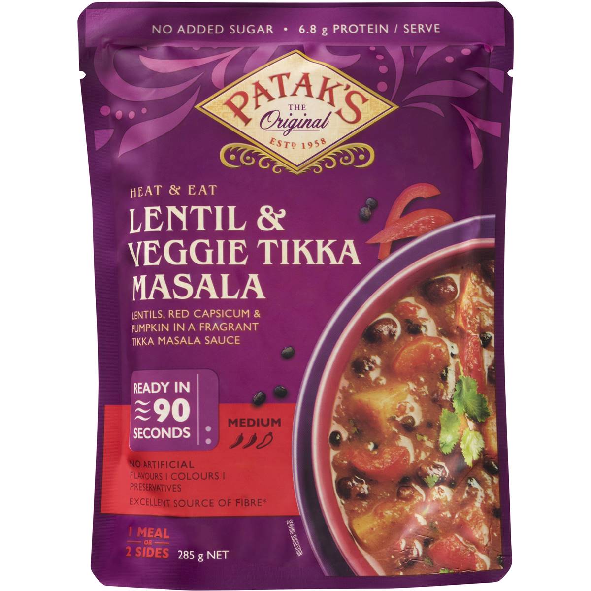 Calories in Patak's Lentil & Veggie Tikka Masala Heat & Eat Pouch