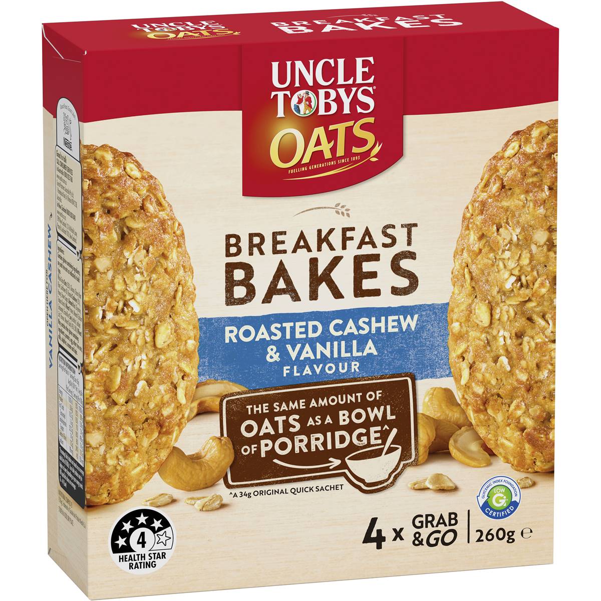 Calories in Uncle Tobys Oats Breakfast Bakes Cereal Bar Roasted Cashew & Vanilla