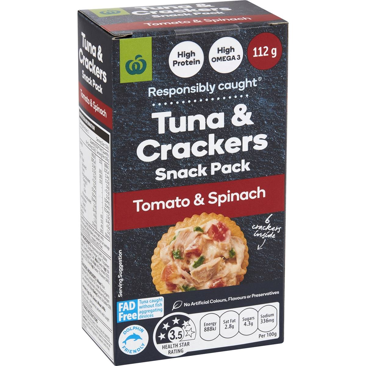 Calories in Woolworths Tuna & Crackers Snack Pack Tomato & Spinach