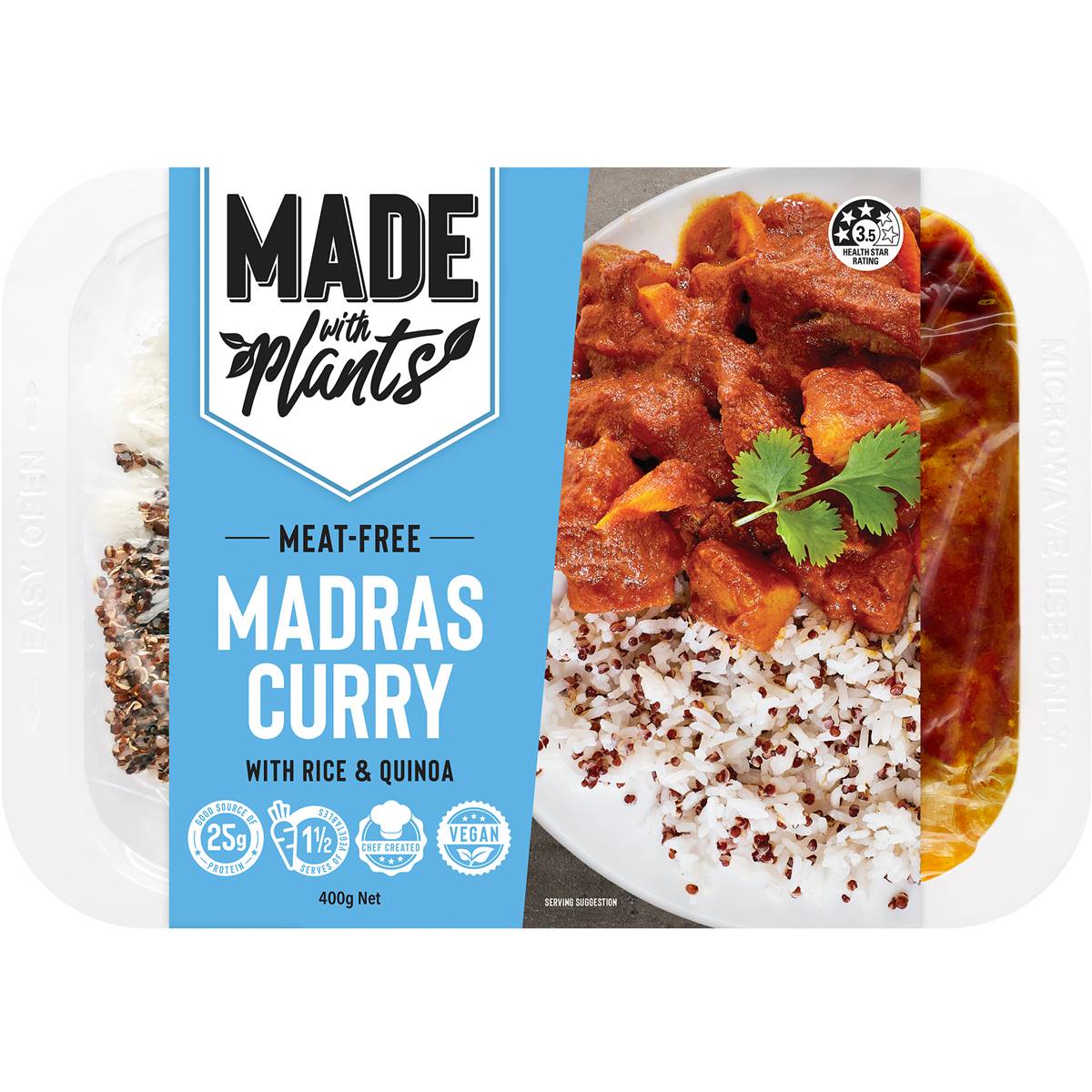 Calories in Made With Plants Meatfree Madras Curry With Rice & Quinoa