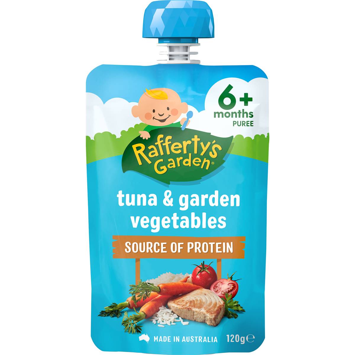 Calories in Rafferty's Garden Baby Food Pouch Protein Tuna & Garden Vegetables 6+ Months
