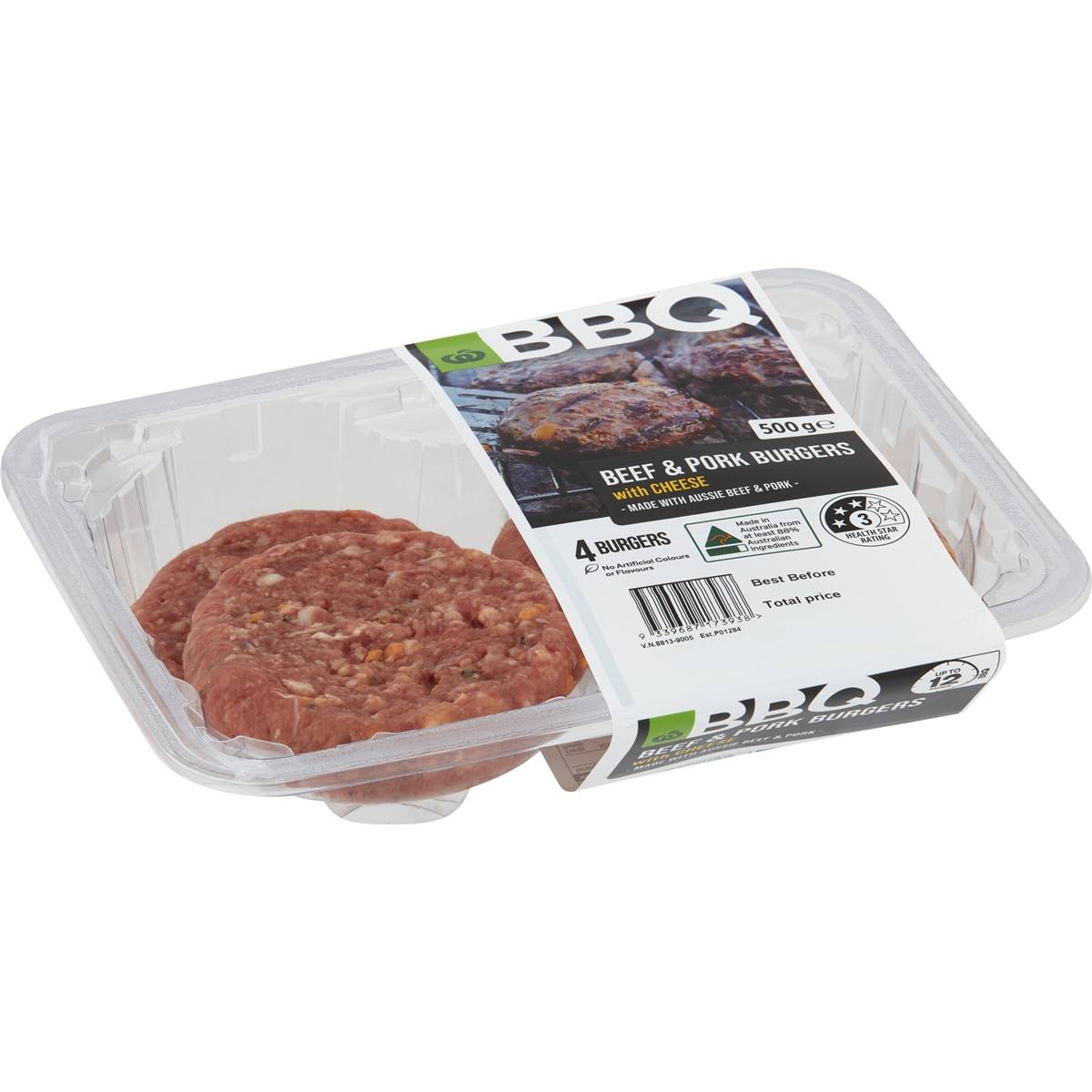 Calories in Woolworths Bbq Beef & Pork Burgers With Cheese