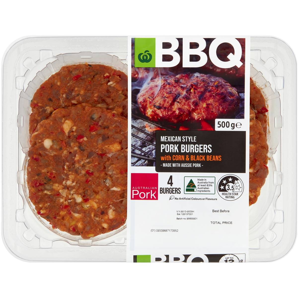 Calories in Woolworths Bbq Mexican Style Pork Burgers Corn & Black Beans