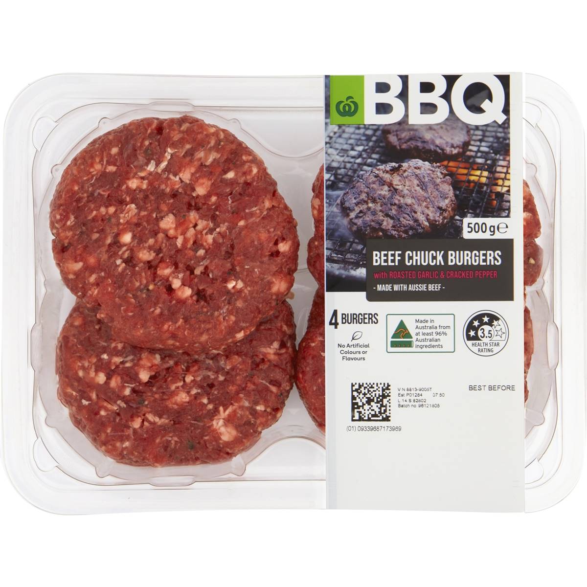 Calories in Woolworths Bbq Beef Chuck Burgers With Garlic & Cracked Pepper
