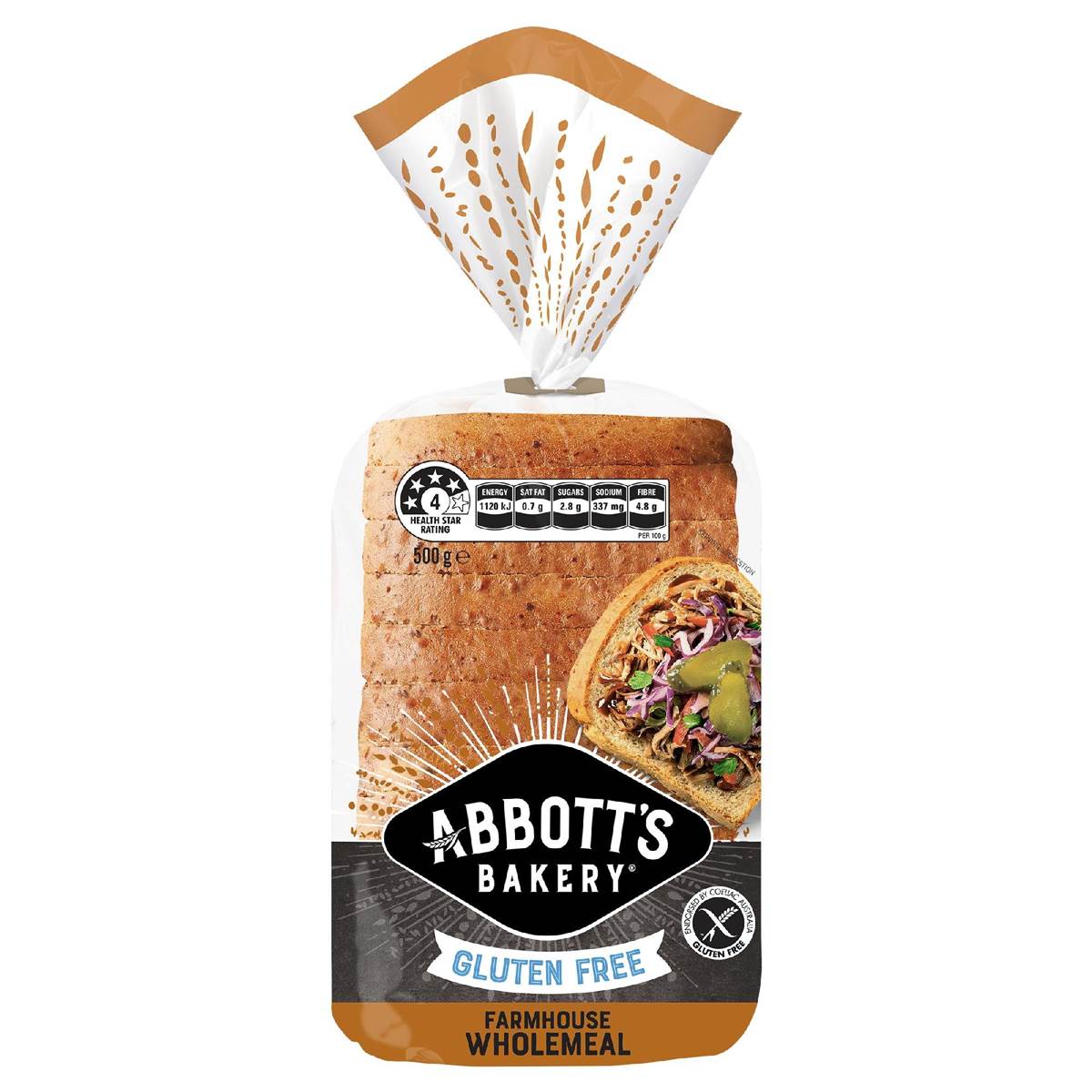 Calories in Abbott's Bakery Gluten Free Farmhouse Wholemeal Bread Loaf