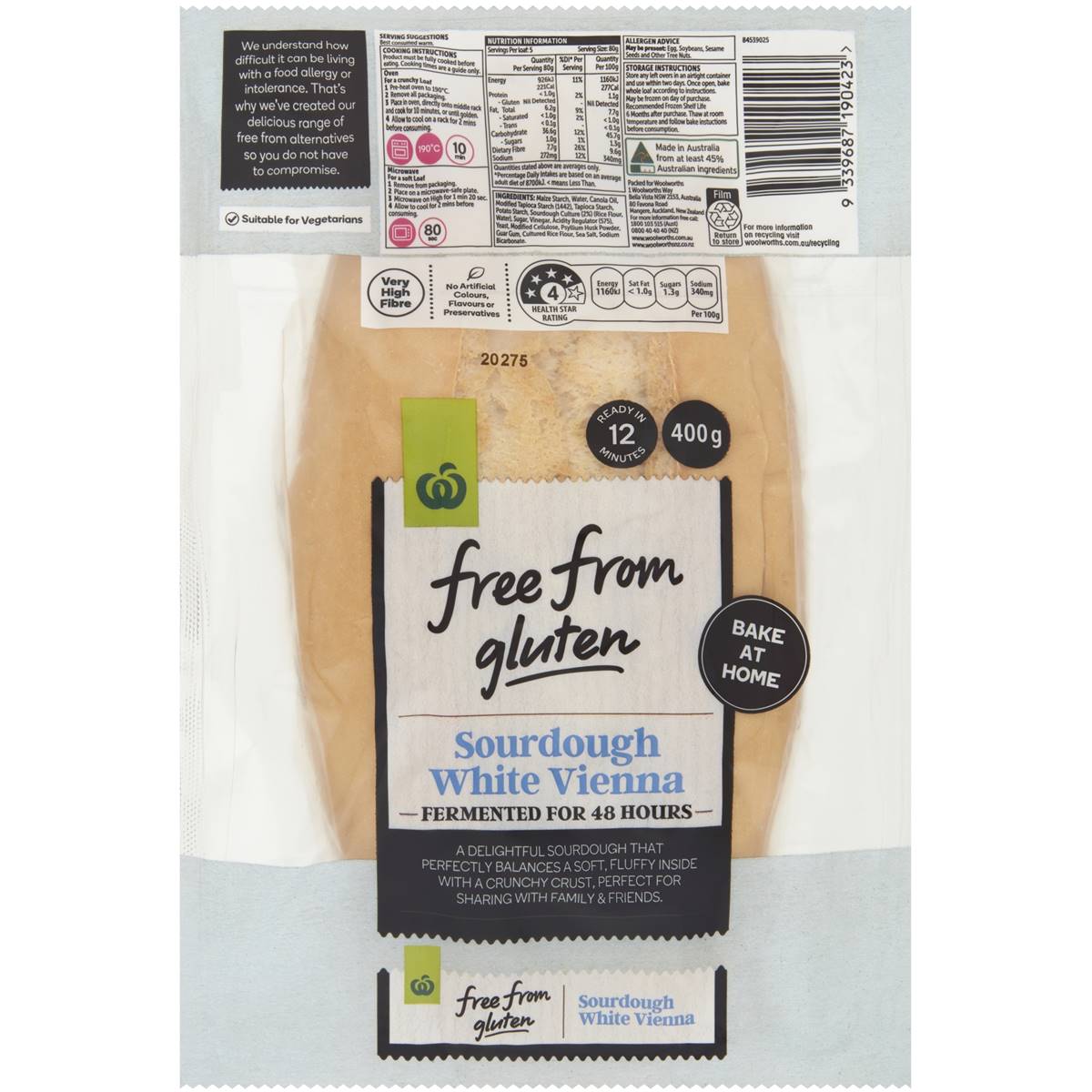 Calories in Woolworths Free From Gluten Sourdough White Vienna
