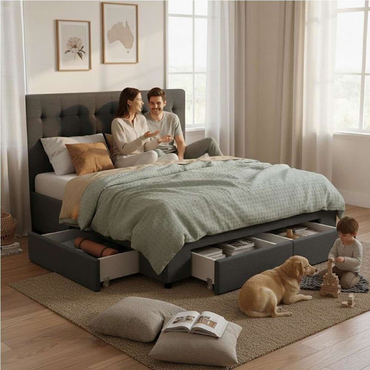 Artiss Bed Frame Double Beds Base with 4 Storage Drawers Charcoal AVIO