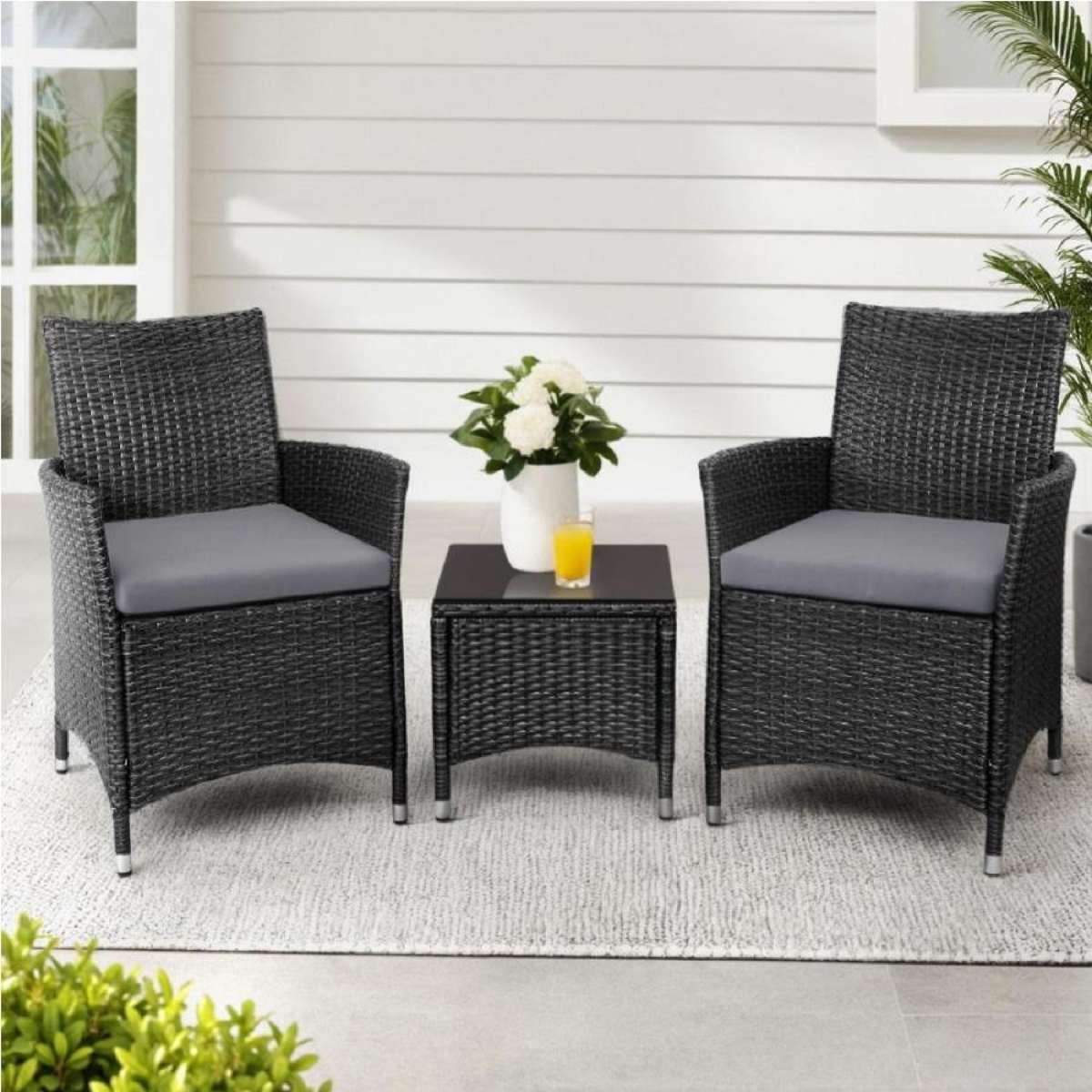 3 Piece Gardeon Outdoor Bistro Set Patio Furniture Outdoor Furniture Set Chair Table Garden Wicker Black