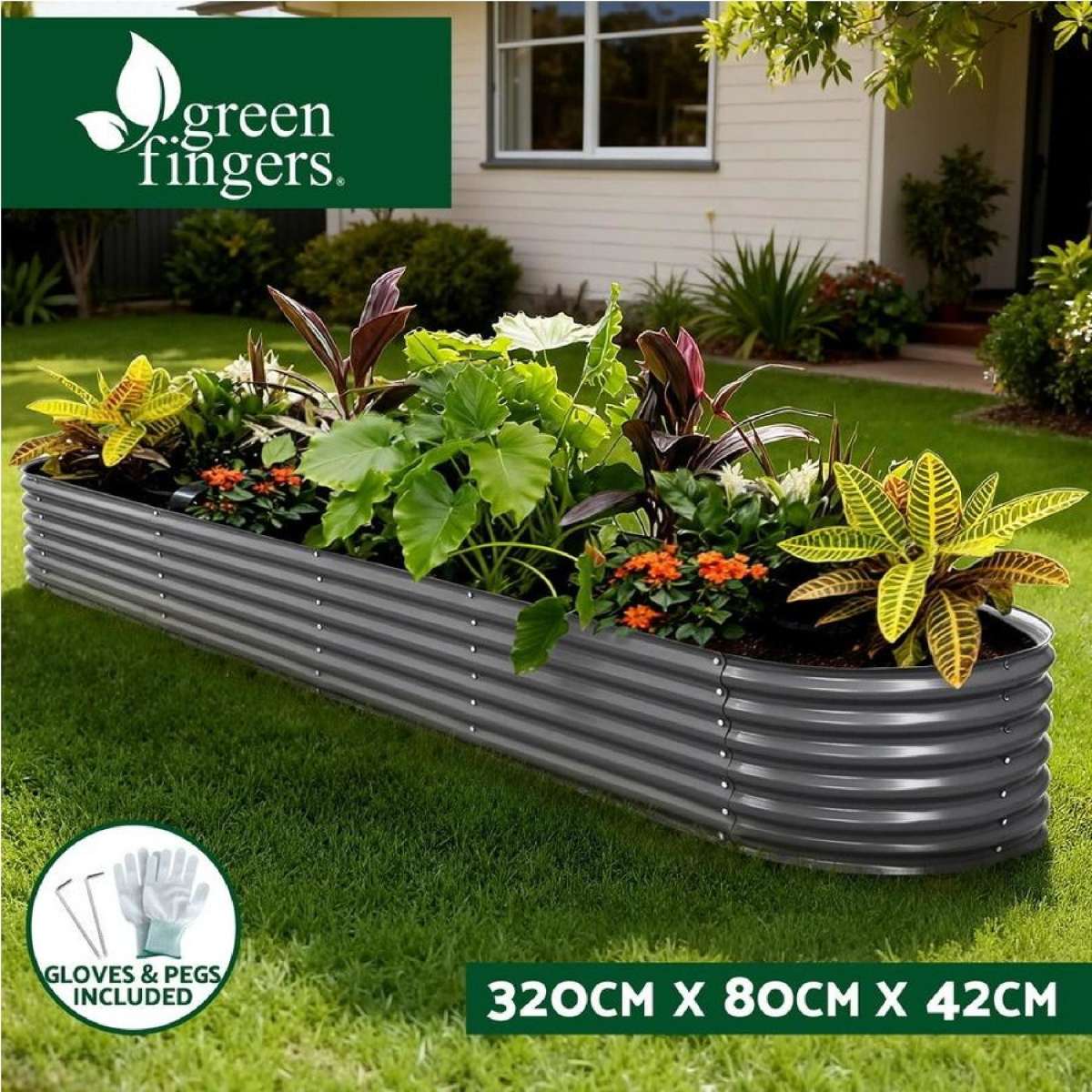 320X80X42cm Green Fingers Garden Bed Oval Planter Box Raised Container Galvanised