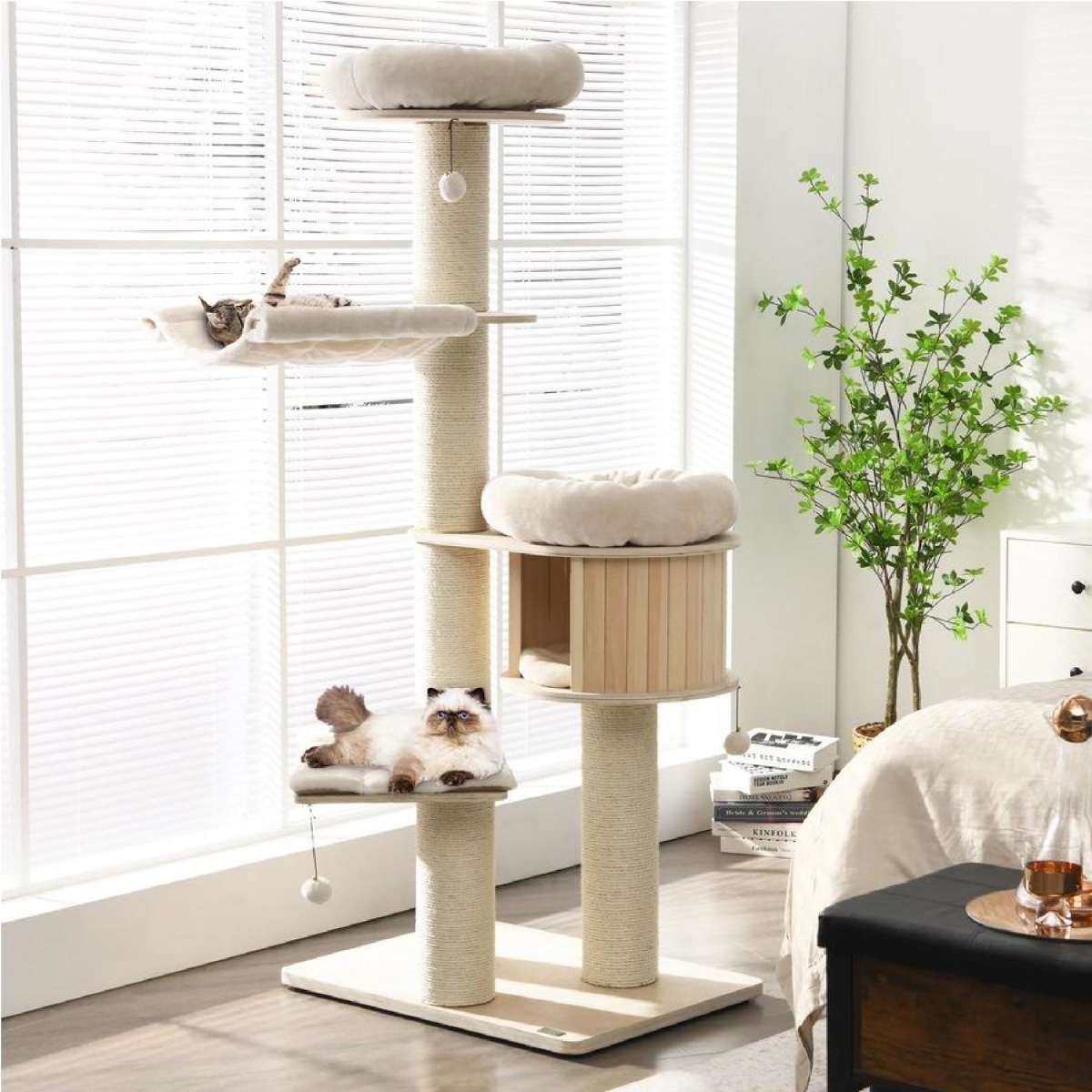 Costway 174cm Cat Tree Scratching Post Scratcher 6-level Wood Cat Tower Condo Sisal Pole Cat Playhouse Pet Furniture w/3 Plush Balls