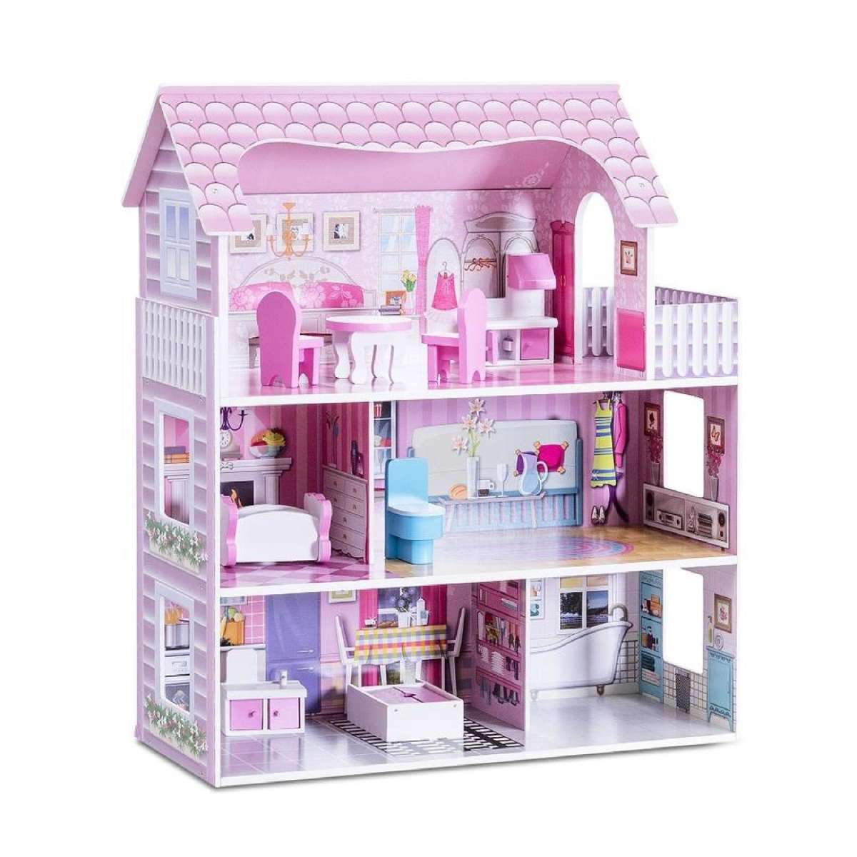 Costway 3-Tier Doll House Kit Wood Dreamhouse Playset Full Furniture DIY Pretend Play Toy