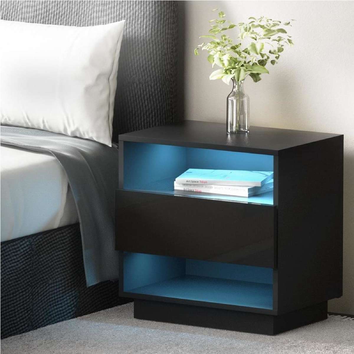 Artiss Bedside Table Drawer LED Side Table Black HANA