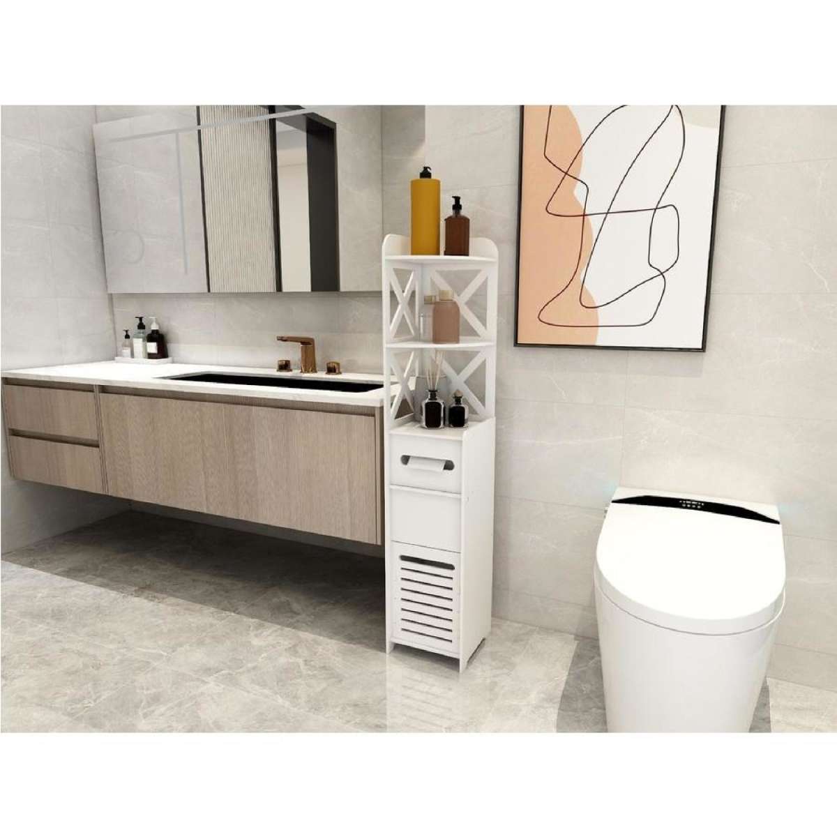 120CM Bathroom Storage Utility Cabinet Reversible Shelf Toilet Paper Roll Holder Rubbish Bin