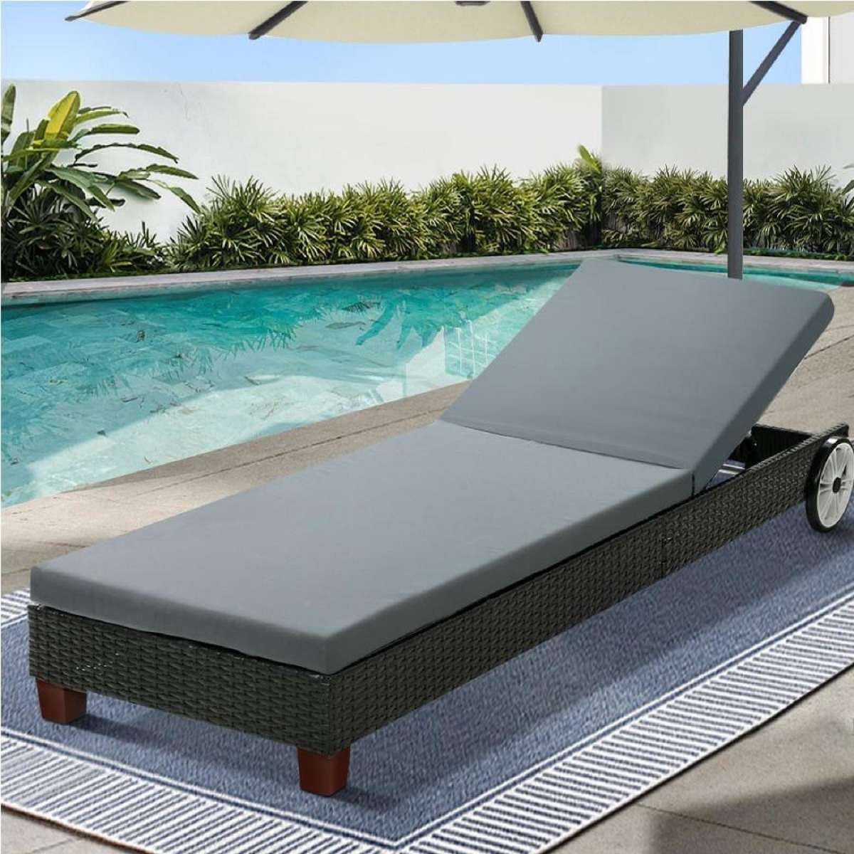 185cm Gardeon Sun Lounge Wicker Lounger Outdoor Furniture Day Bed Wheels Patio Black