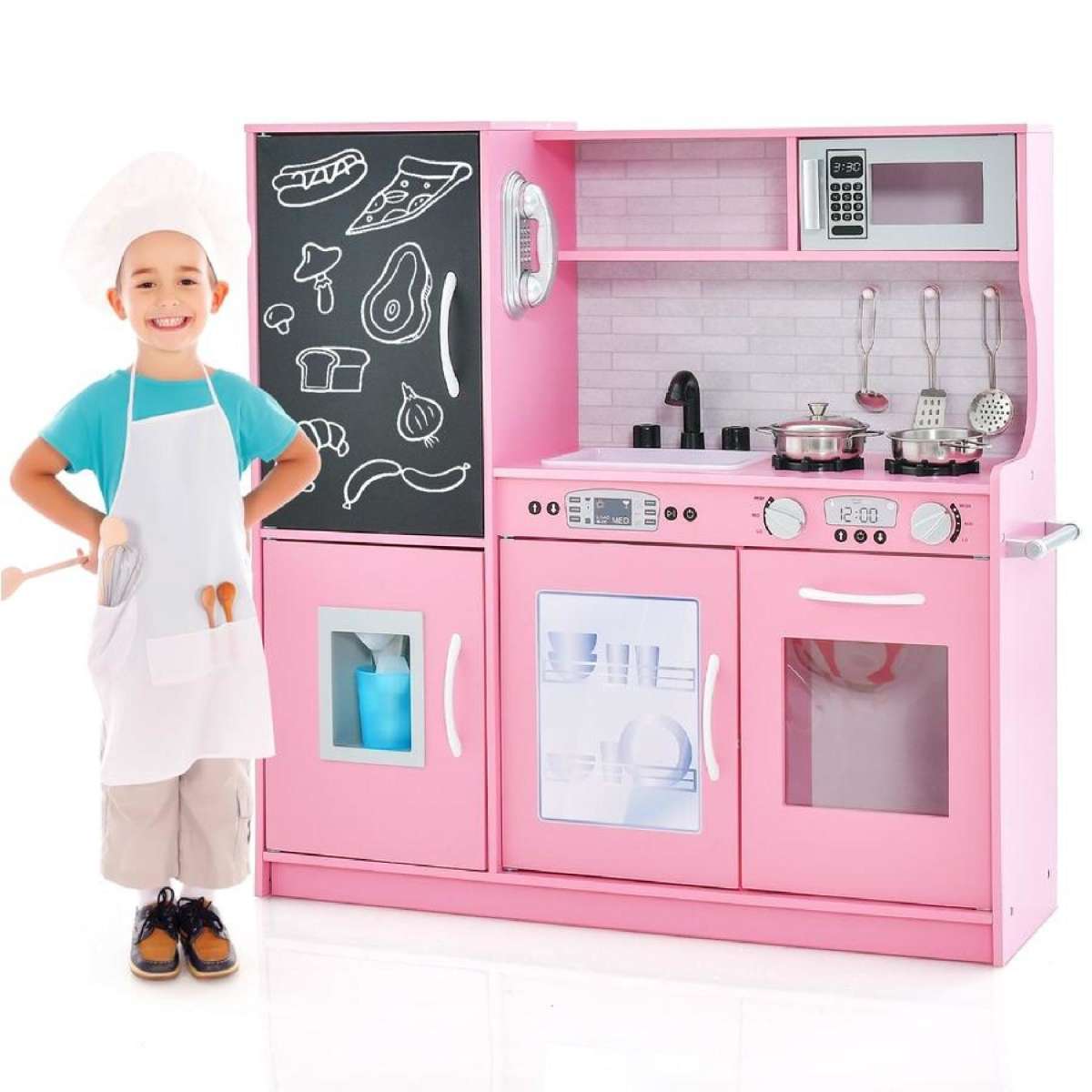 Costway Pink Pretend Play Kitchen with Cookware & Blackboard